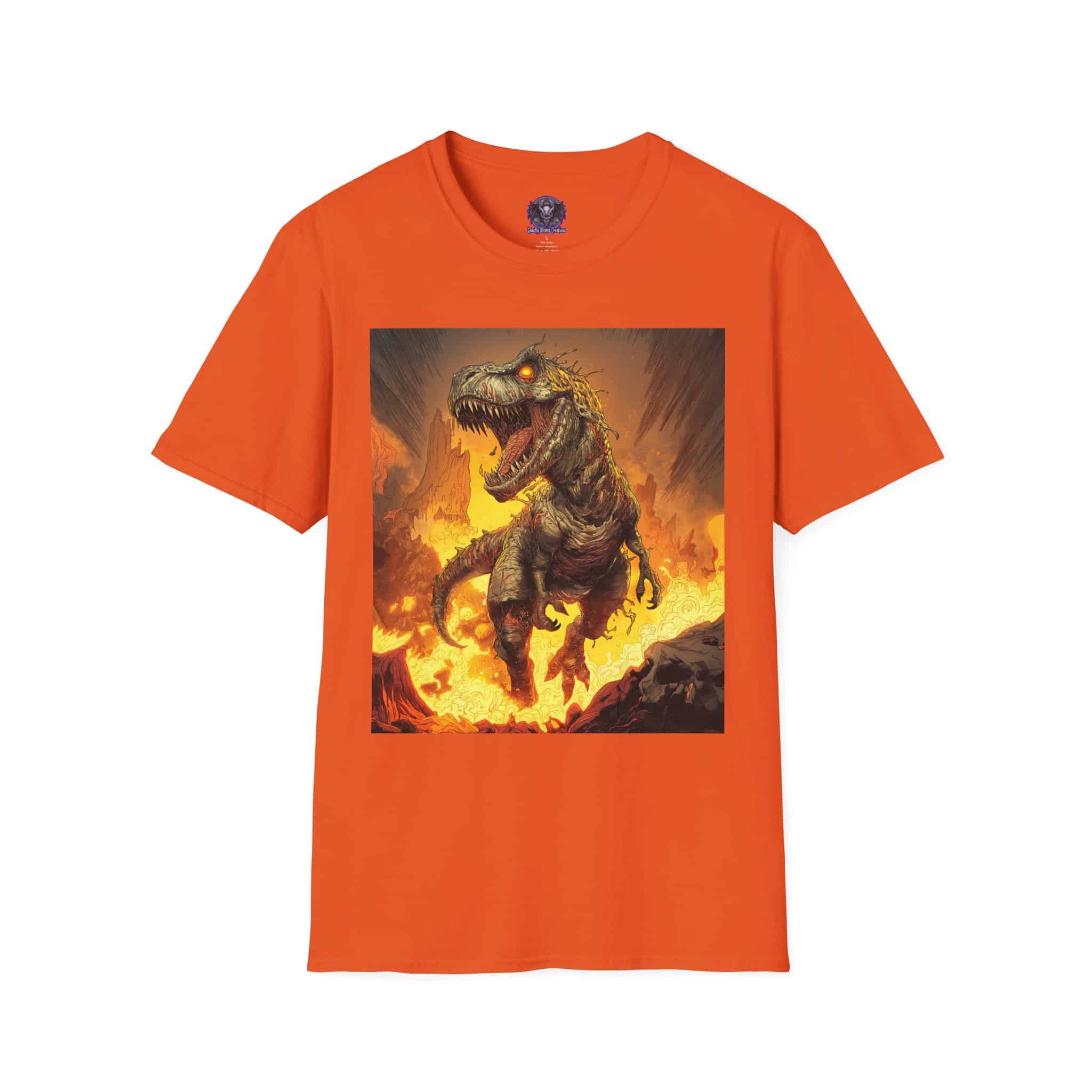 Zombie T-Rex Tyrannosaurus In Volcanic Wasteland Unisex T-Shirt - Image 13