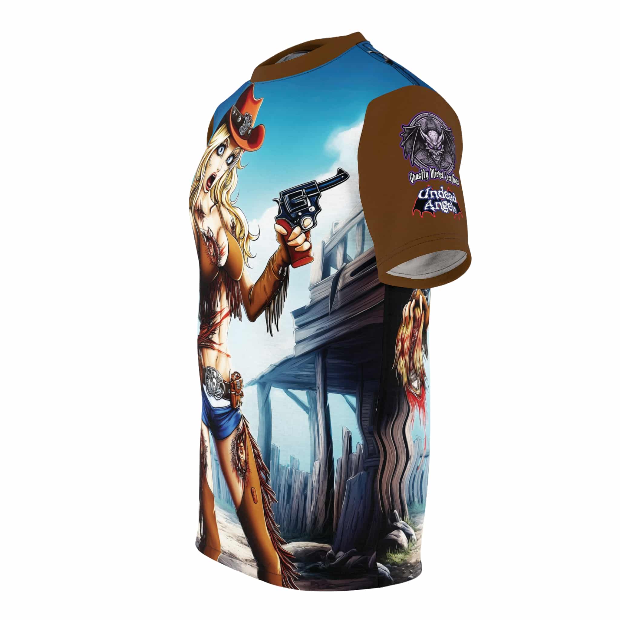 Undead Angels Zombie Cowgirl Cassidy Classic Reborn Style Unisex Cut & Sew Tee (AOP) Brown - Image 3