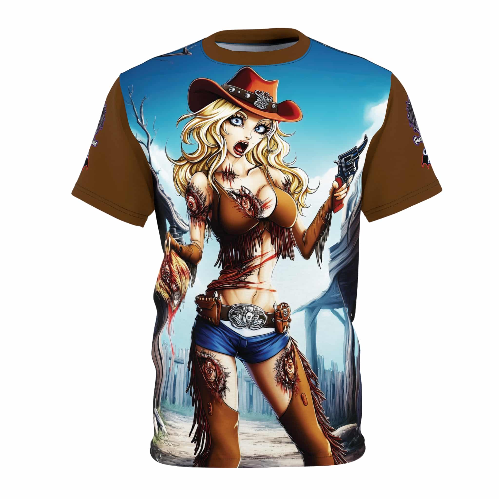 Undead Angels Zombie Cowgirl Cassidy Classic Reborn Style Unisex Cut & Sew Tee (AOP) Brown - Image 5