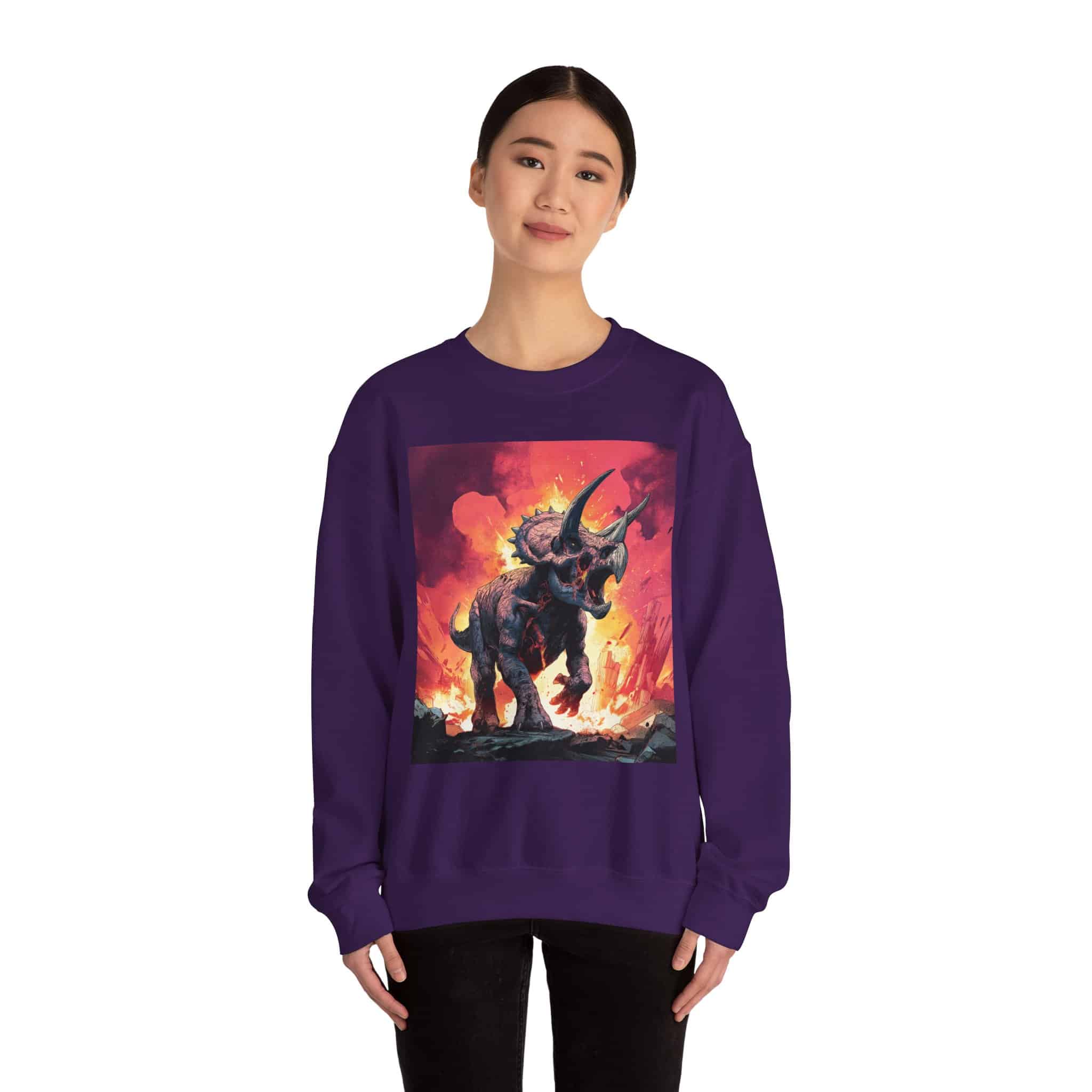Skeletal Zombie Triceratops In Volcanic Wasteland Unisex Heavy Blend™ Crewneck Sweatshirt - Image 58