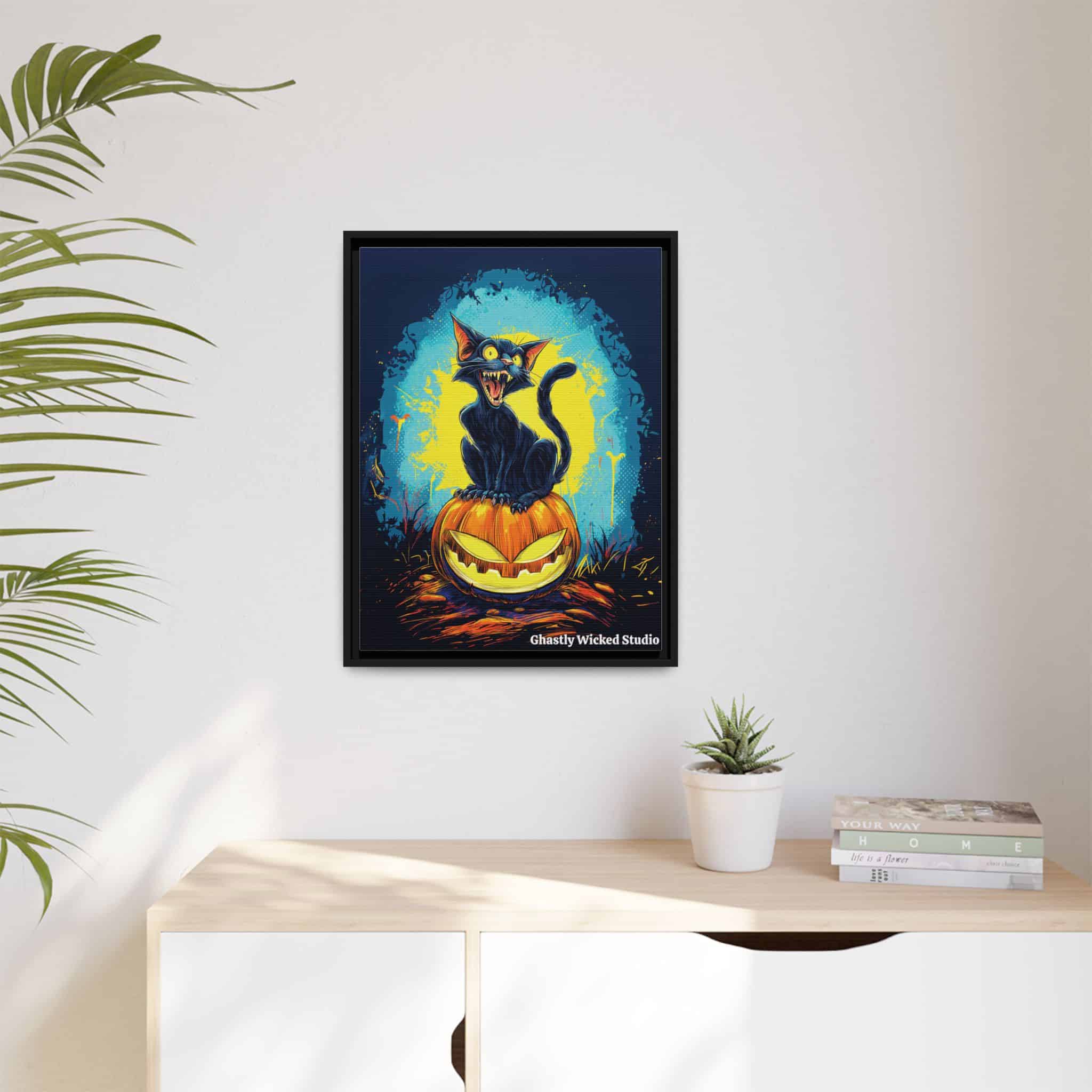 Black Cat On Jack O’ Lantern Pop 60’s Art Style Matte Canvas, Black Frame Halloween - Image 9