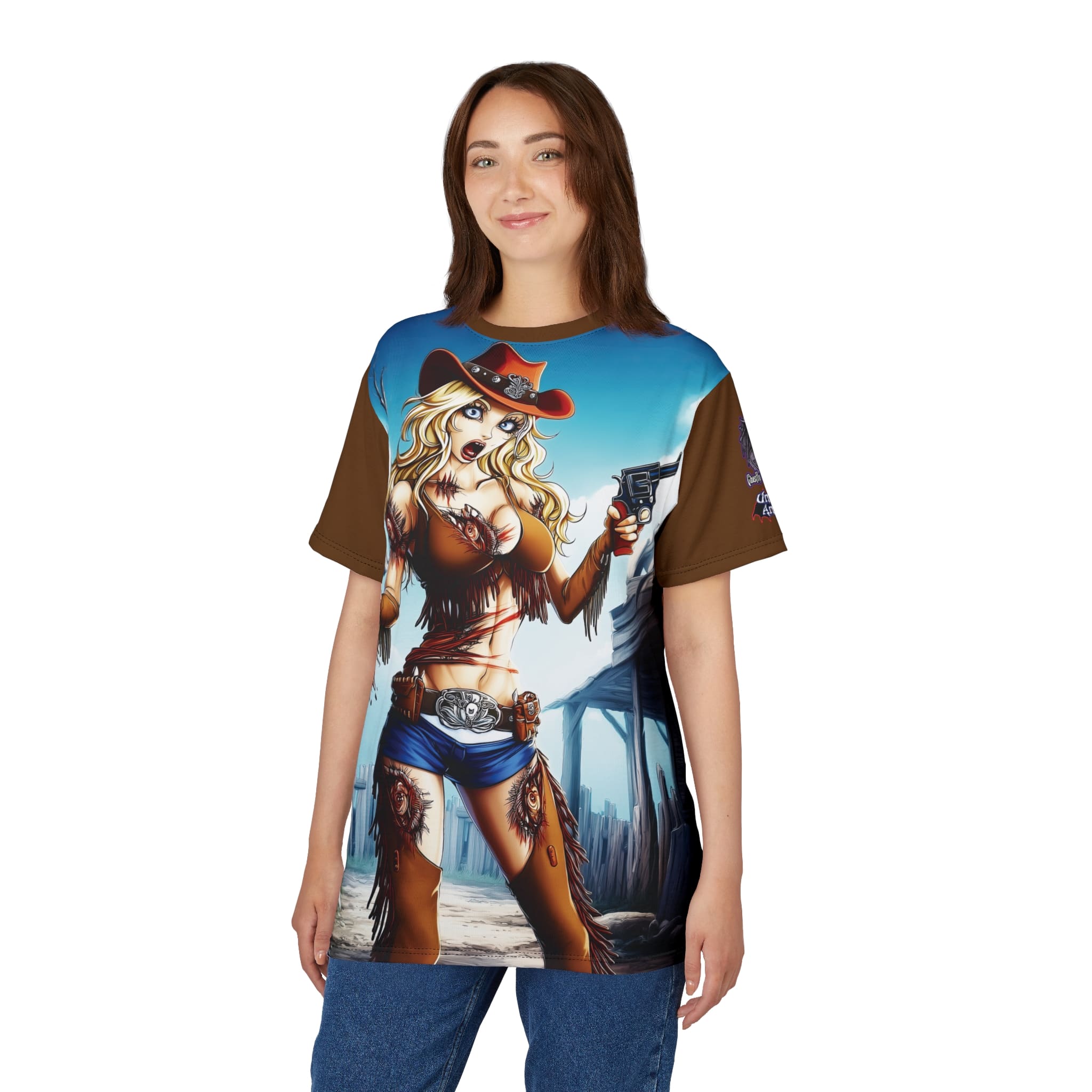Undead Angels Zombie Cowgirl Cassidy Classic Reborn Style Unisex Cut & Sew Tee (AOP) Brown - Image 11