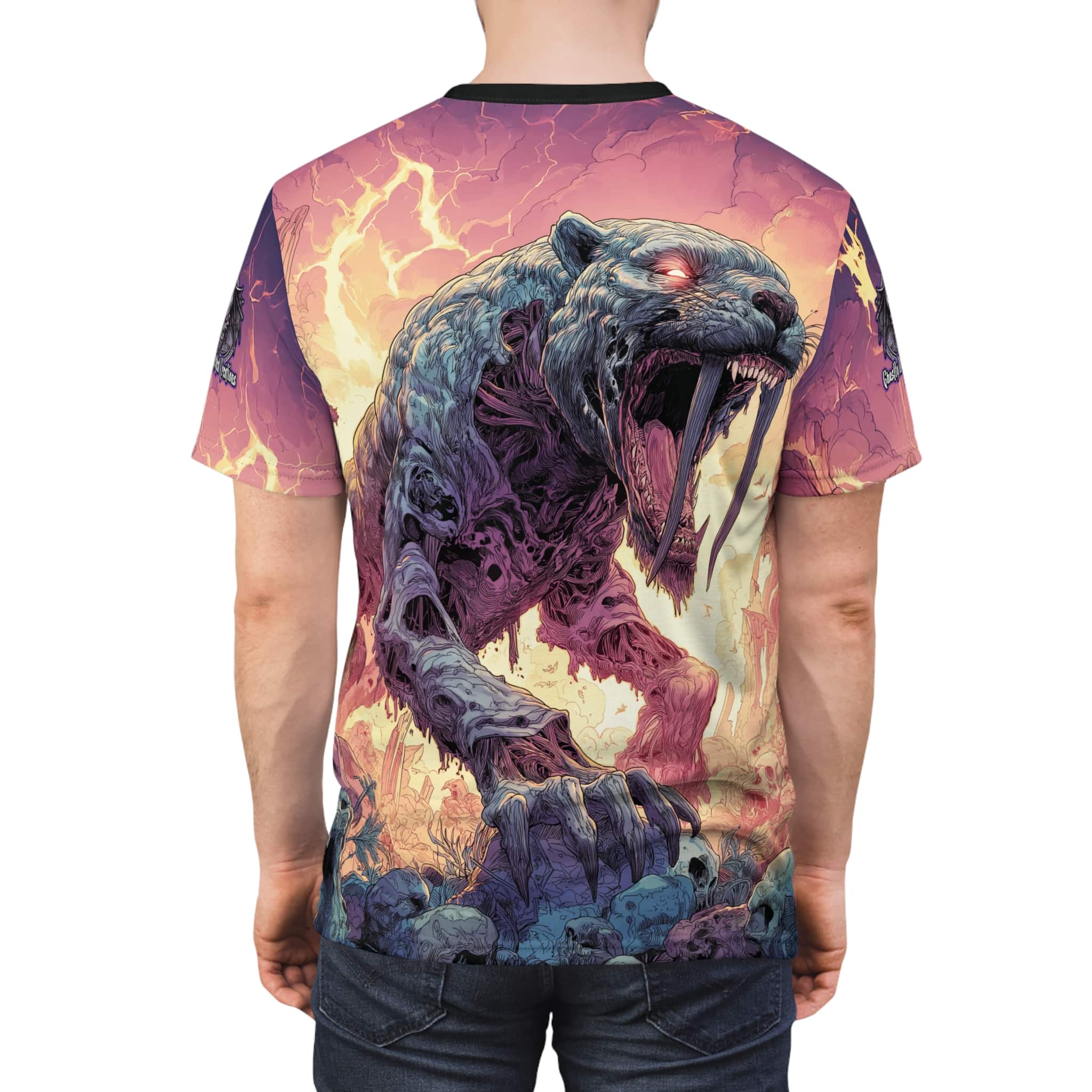 Zombie Smilodon Sabretooth Cat In Volcanic Wasteland Tee Unisex (AOP) - Image 12