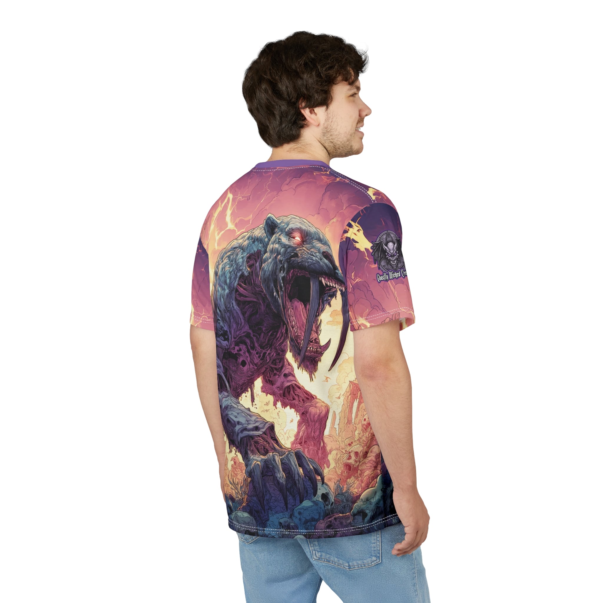 Zombie Smilodon Sabretooth Cat In Volcanic Wasteland Tee Unisex (AOP) - Image 33