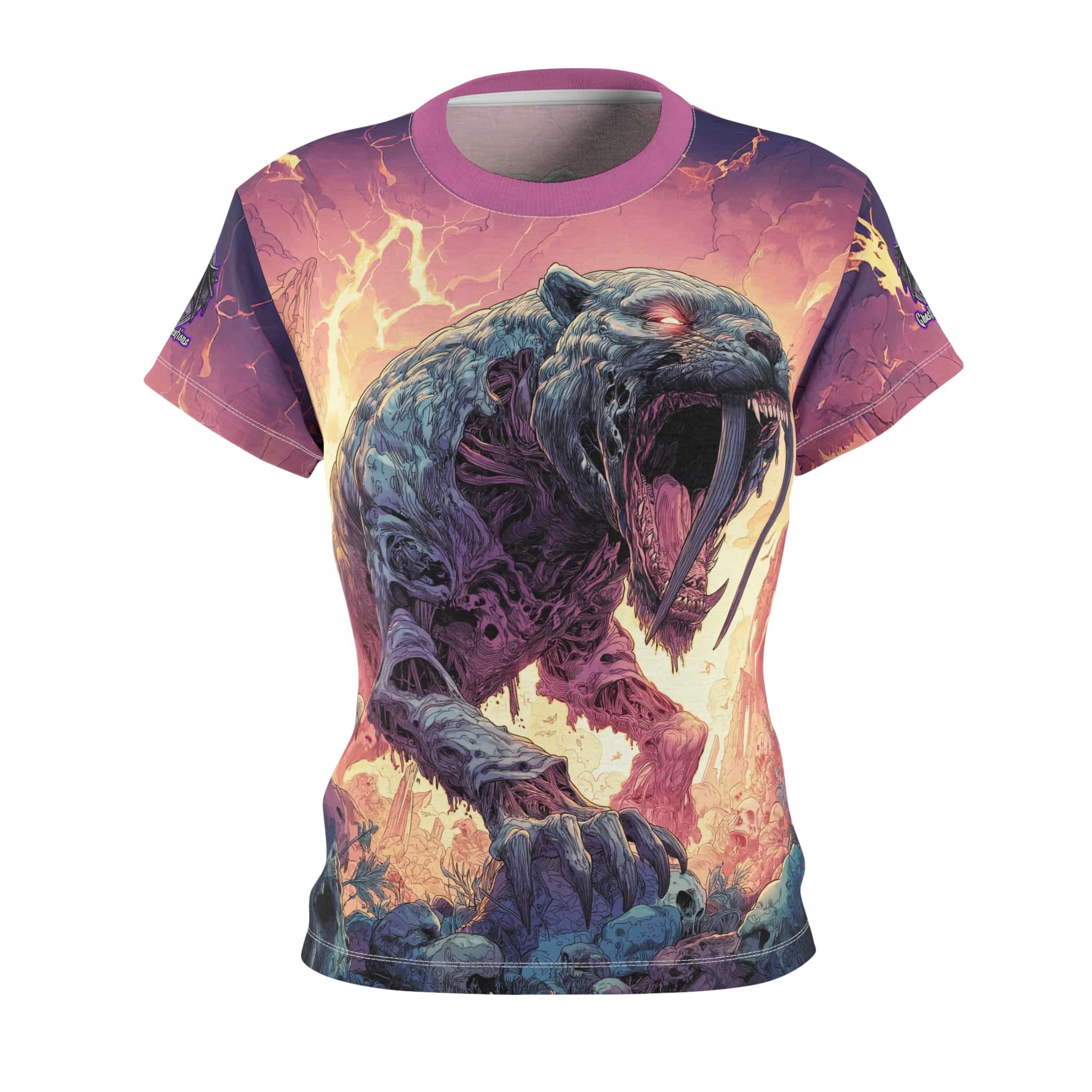 Zombie Smilodon Sabretooth Cat In Volcanic Wasteland Tee Women's (AOP) - Image 2