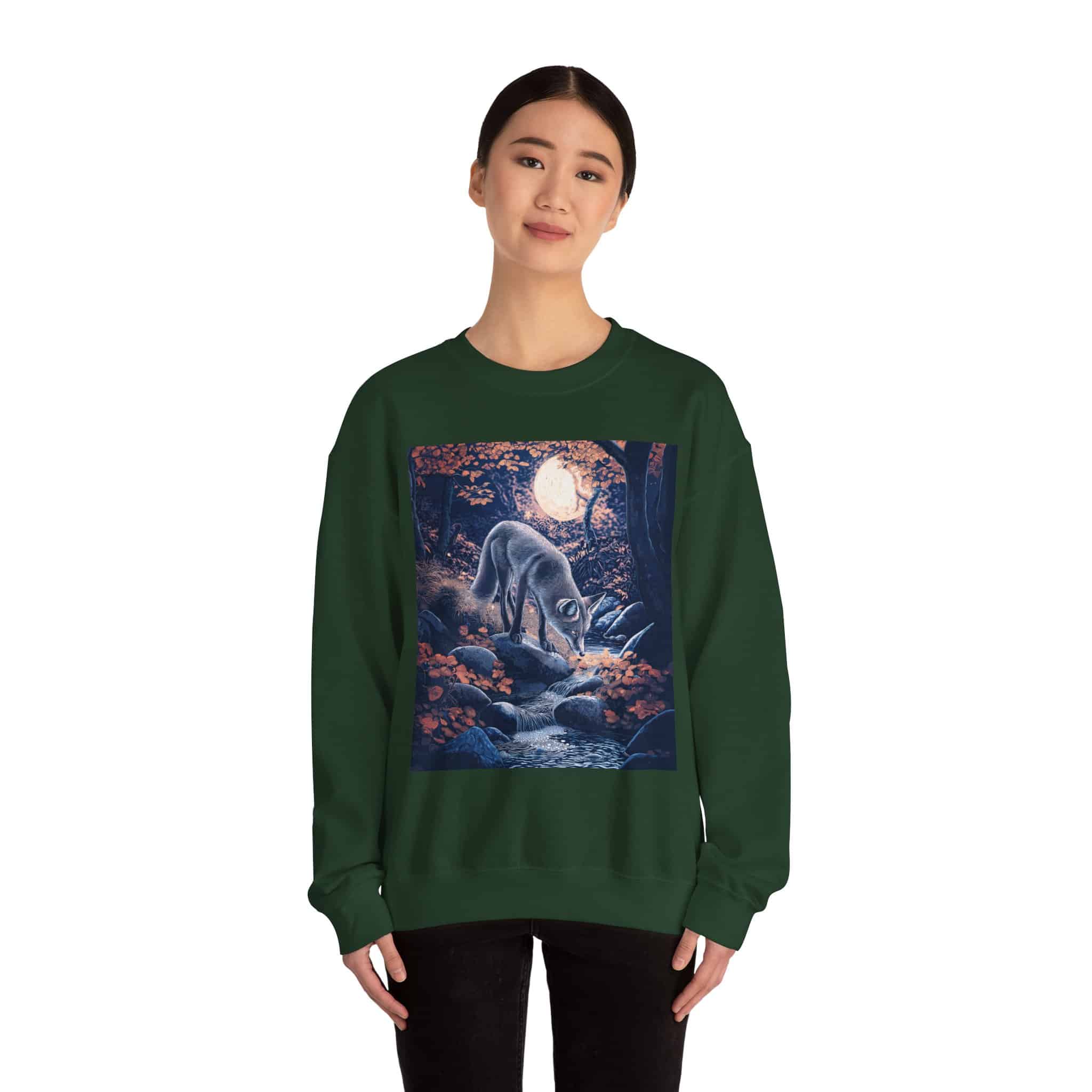 Fox By Stream At Moonlight by Wyldesigns Unisex Heavy Blend™ Crewneck Sweatshirt - Image 4