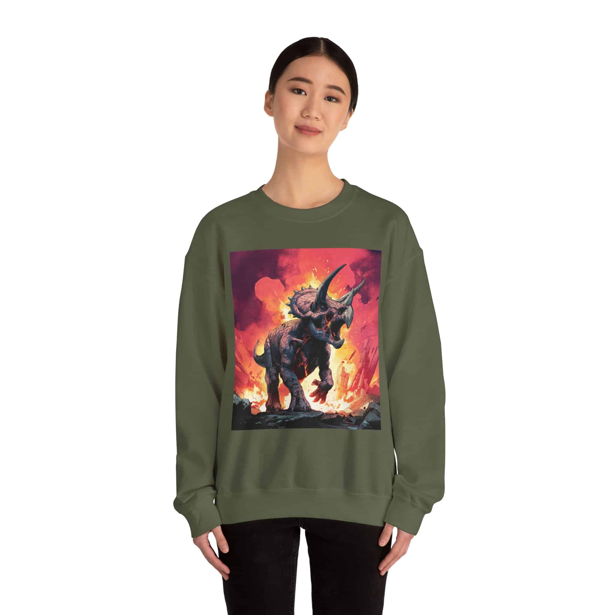 Skeletal Zombie Triceratops In Volcanic Wasteland Unisex Heavy Blend™ Crewneck Sweatshirt - Image 38
