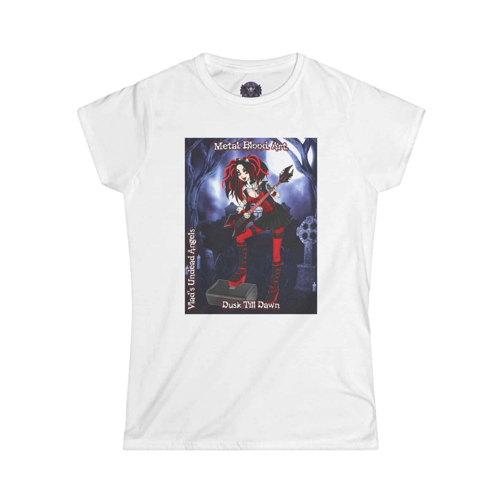 Crimson Undead Angel Guitarist - Classic Art w/Text Re-Issue Women's Softstyle Tee - Image 16