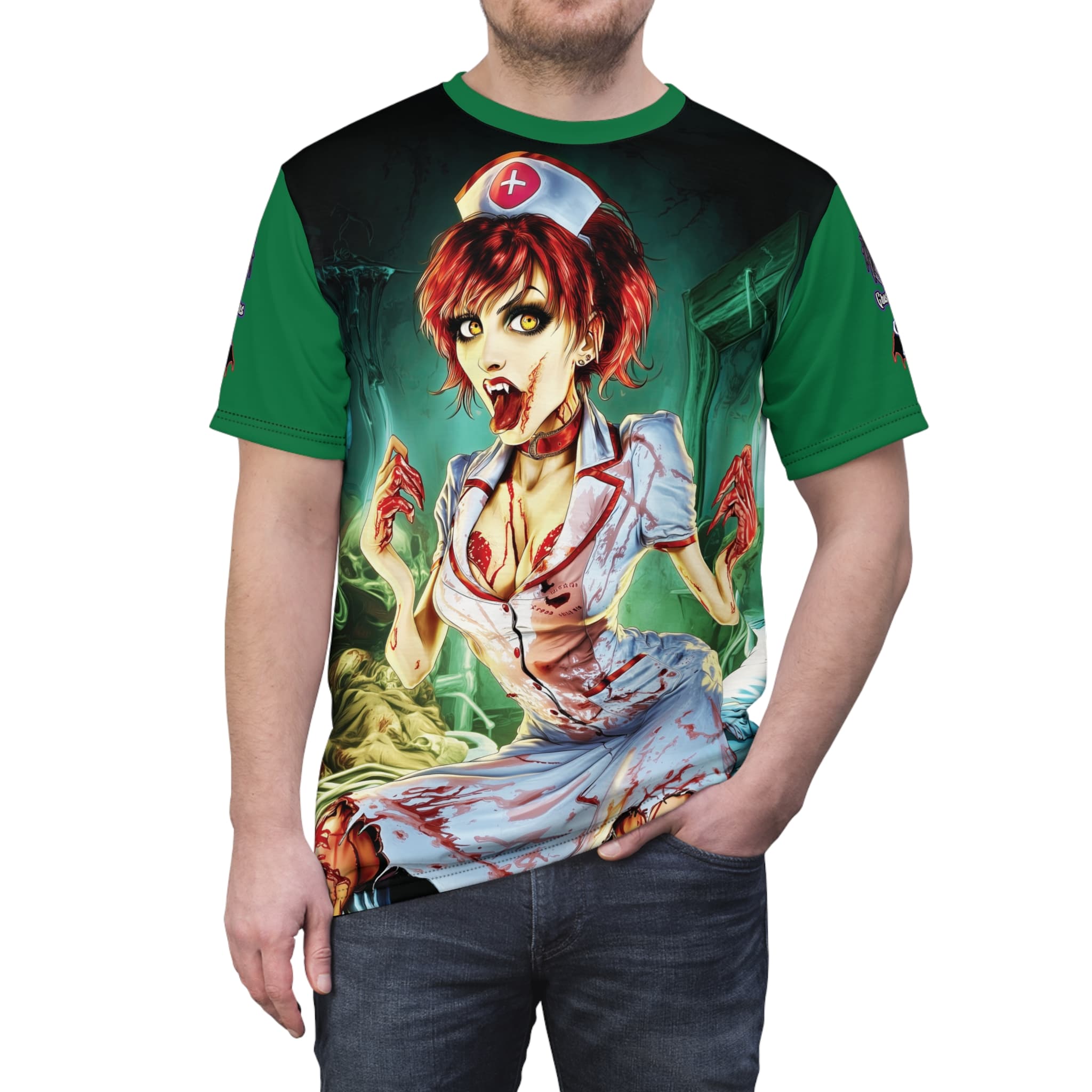 Undead Angels Zombie Nurse Abigail Reborn Style BZ-DS Unisex Cut & Sew Tee (AOP) Green - Image 9