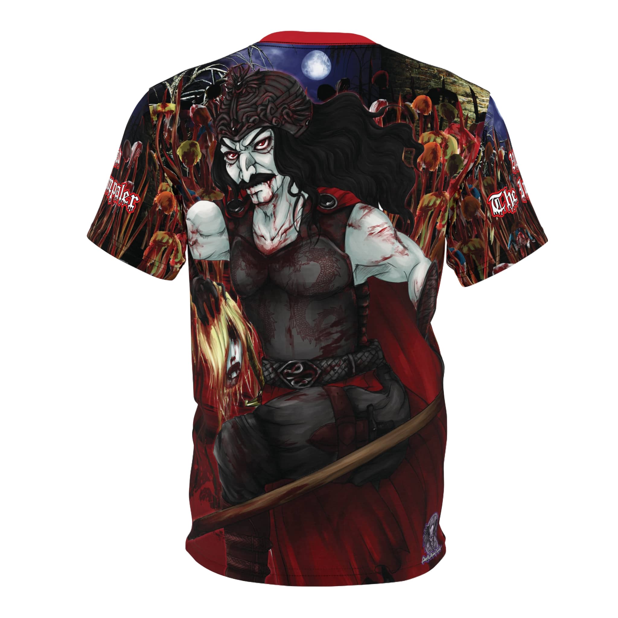 Vlad The Impaler Conquest Unisex Cut & Sew Tee (AOP) - Red Collar - Image 2