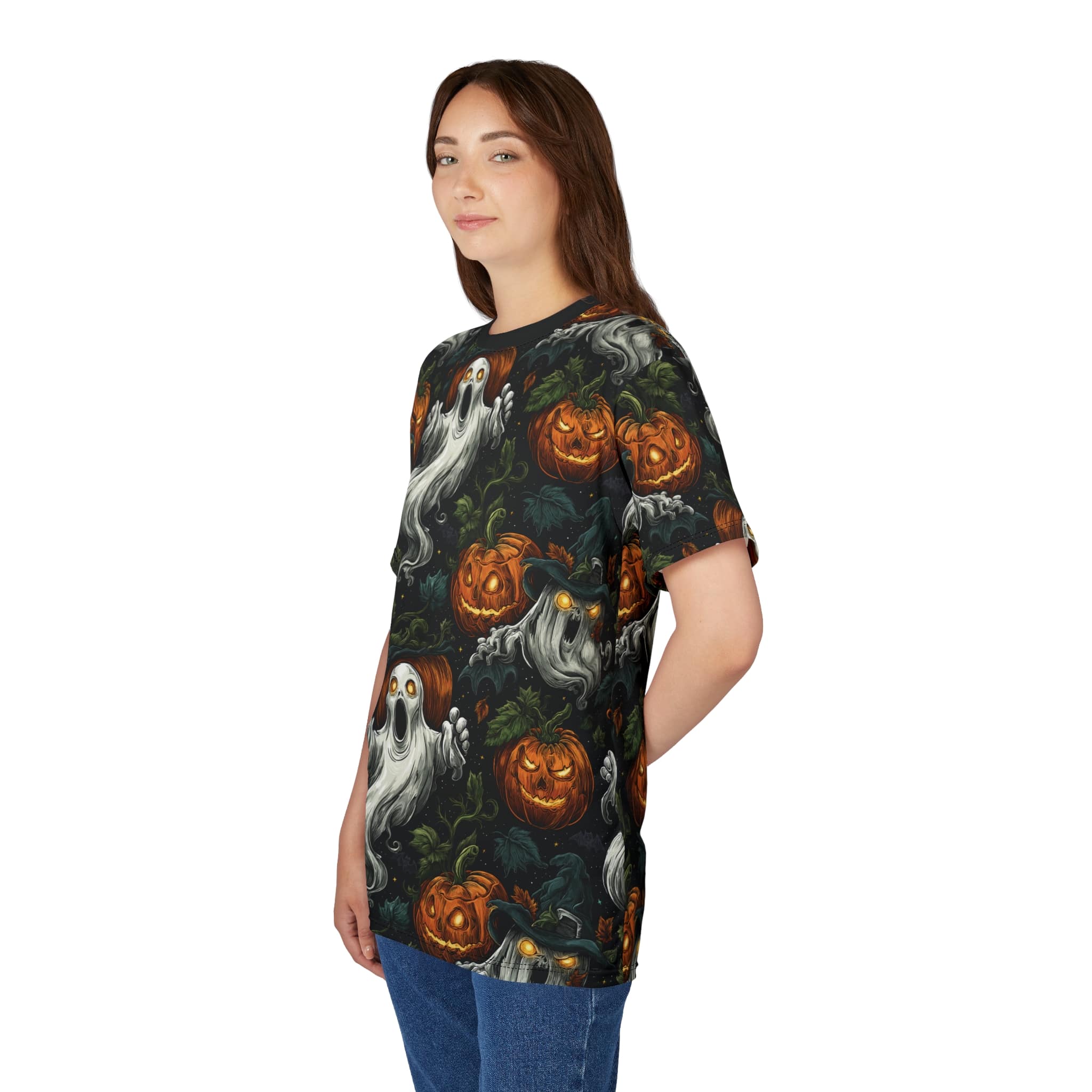 Halloween Ghosts & Pumpkins Pattern 1 Unisex Cut & Sew Tee (AOP) - Image 18