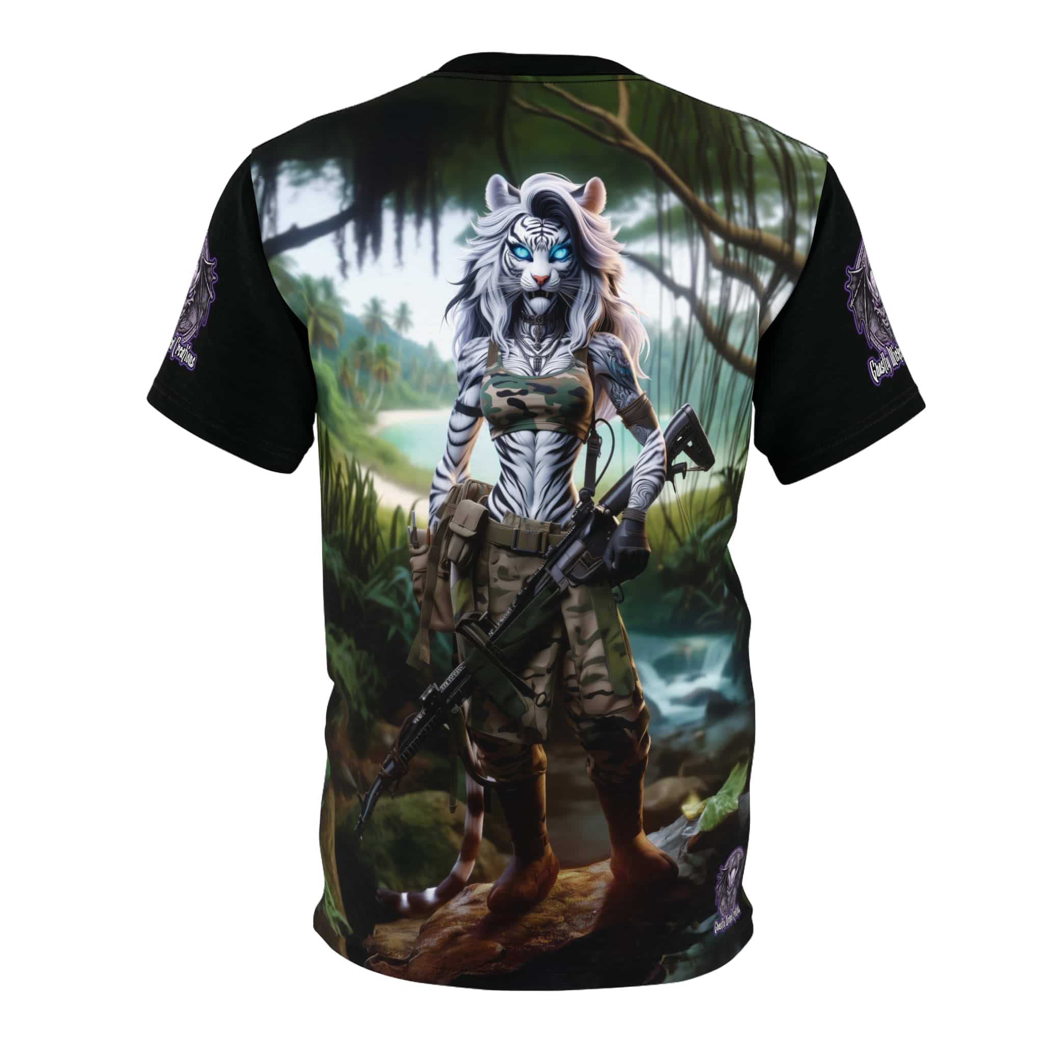 Arm The Animals: Hunter Tiger Girl #AA-D-WT001 Unisex Cut & Sew Tee (AOP) - Image 2