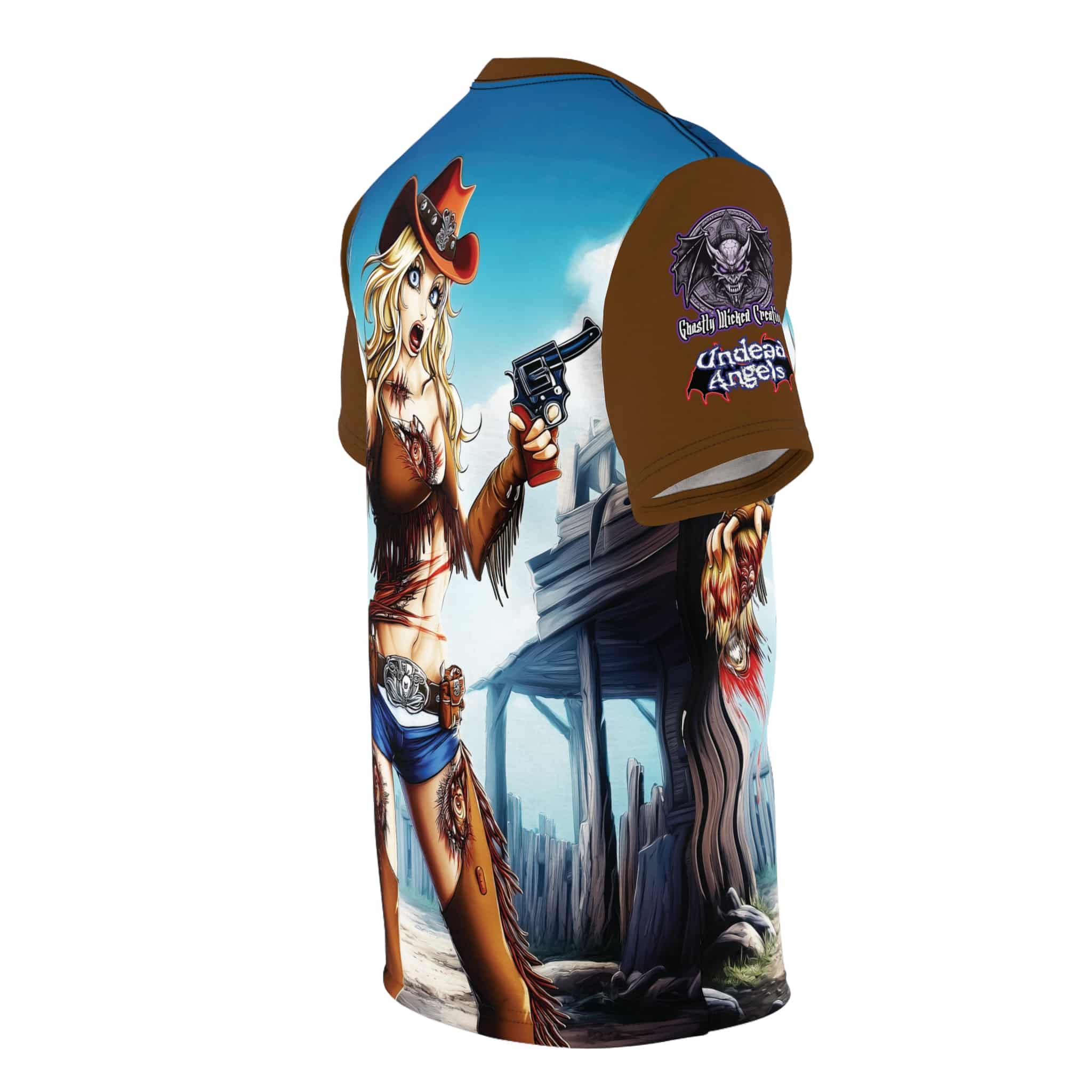 Undead Angels Zombie Cowgirl Cassidy Classic Reborn Style Unisex Cut & Sew Tee (AOP) Brown - Image 4