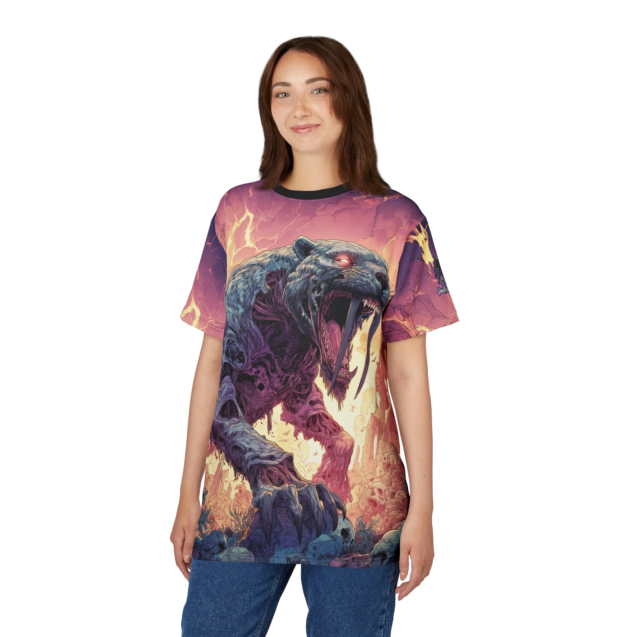 Zombie Smilodon Sabretooth Cat In Volcanic Wasteland Tee Unisex (AOP) - Image 11