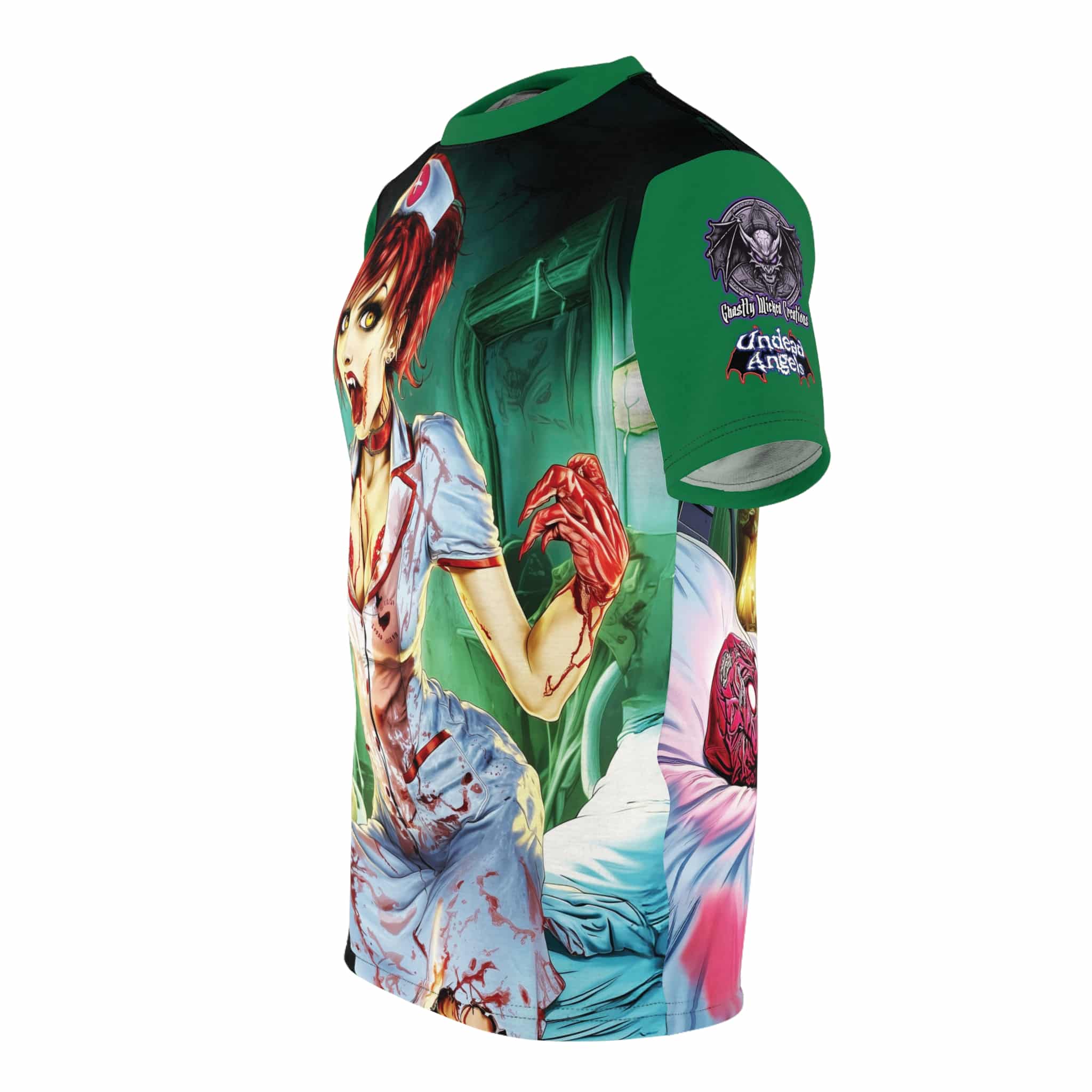 Undead Angels Zombie Nurse Abigail Reborn Style BZ-DS Unisex Cut & Sew Tee (AOP) Green - Image 17