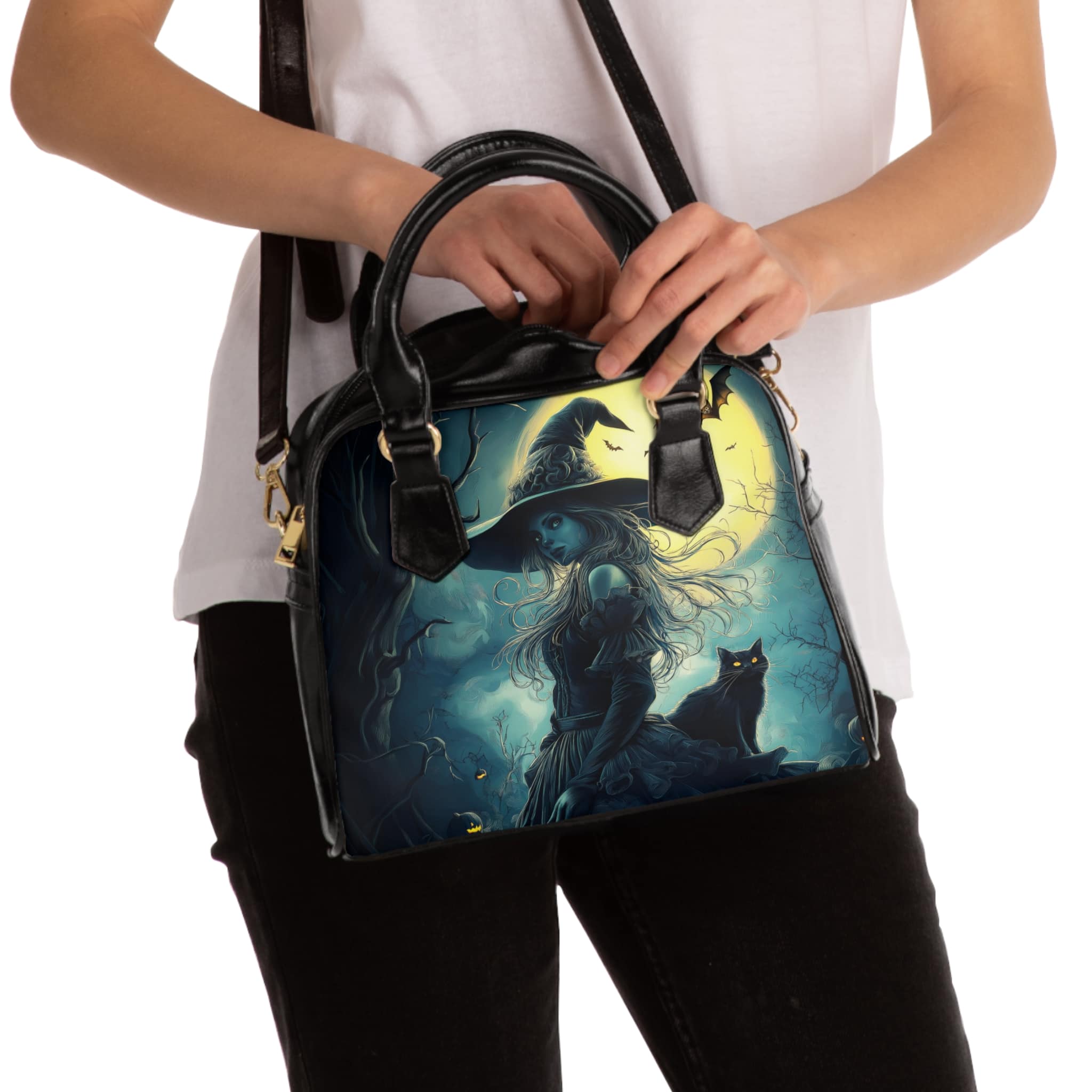 Witch With Black Cat By Moonlight #MJ-W001 Shoulder Handbag - Image 4