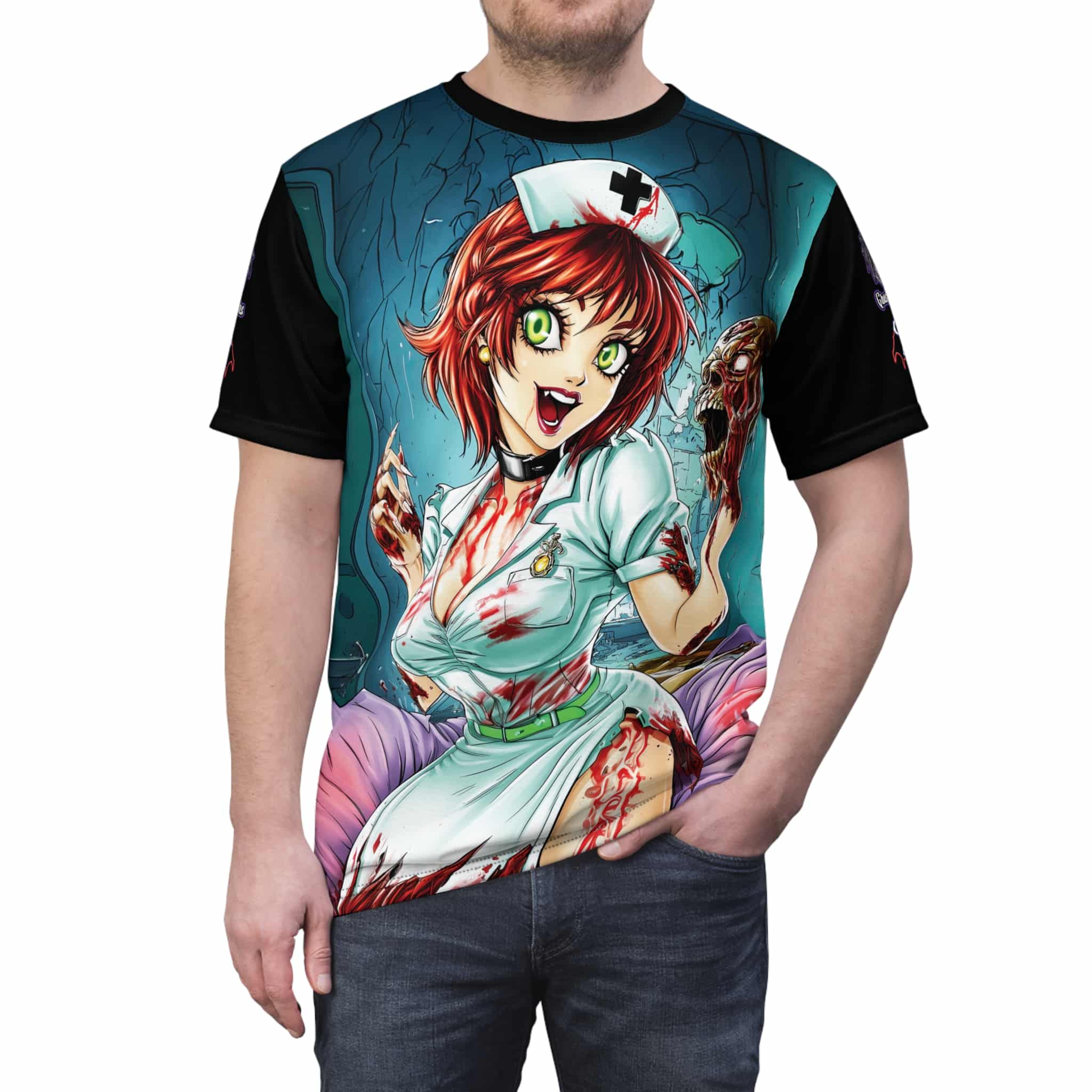 Undead Angels Zombie Nurse Abigail Classic Reborn Style II-DS Unisex Cut & Sew Tee (AOP) - Image 9