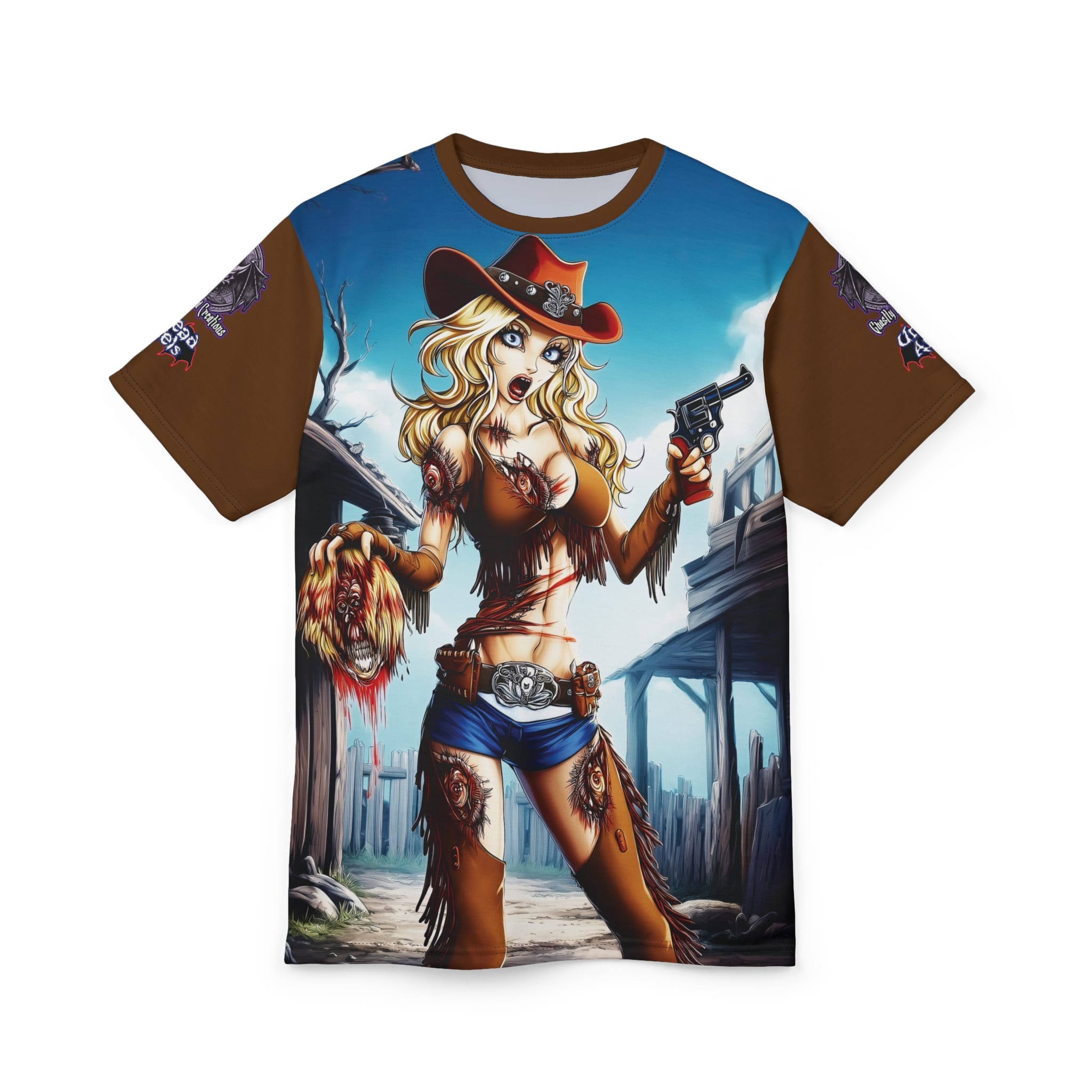 Undead Angels Zombie Cowgirl Cassidy Classic Reborn Style Unisex Cut & Sew Tee (AOP) Brown - Image 6
