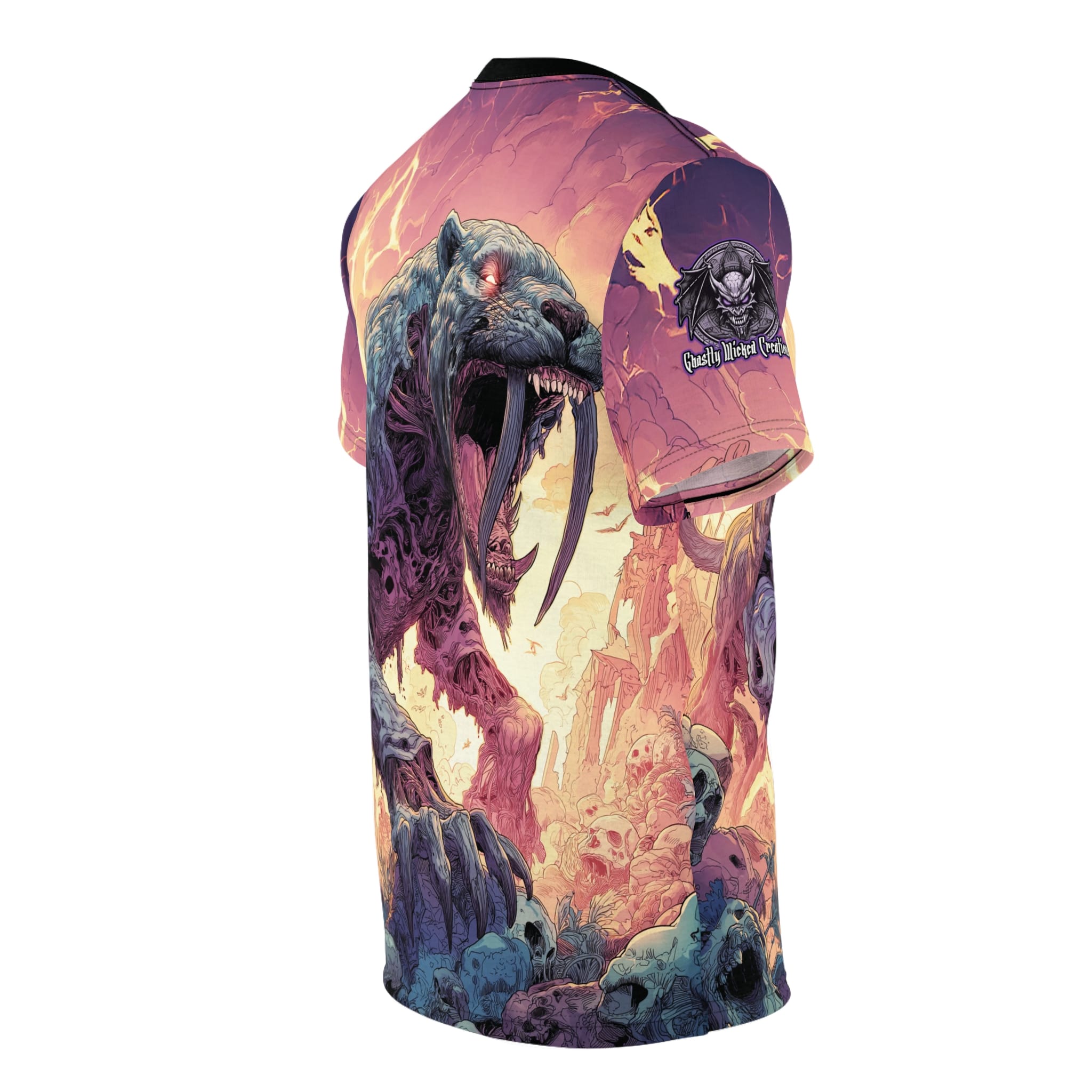 Zombie Smilodon Sabretooth Cat In Volcanic Wasteland Tee Unisex (AOP) - Image 4