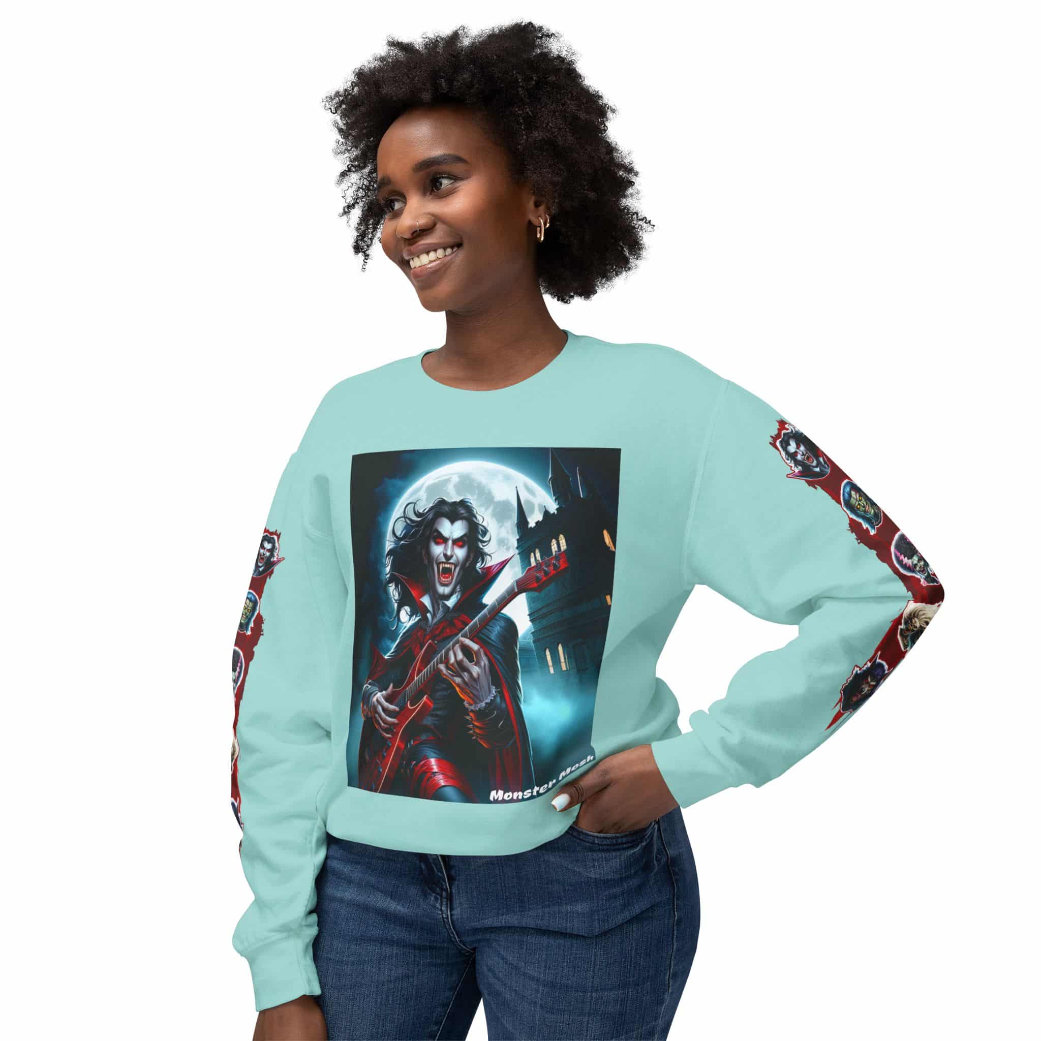 Monster Mosh 2024 Tour Drac on Guitar MM-D001 Deluxe Unisex Lightweight Crewneck Sweatshirt - Image 47