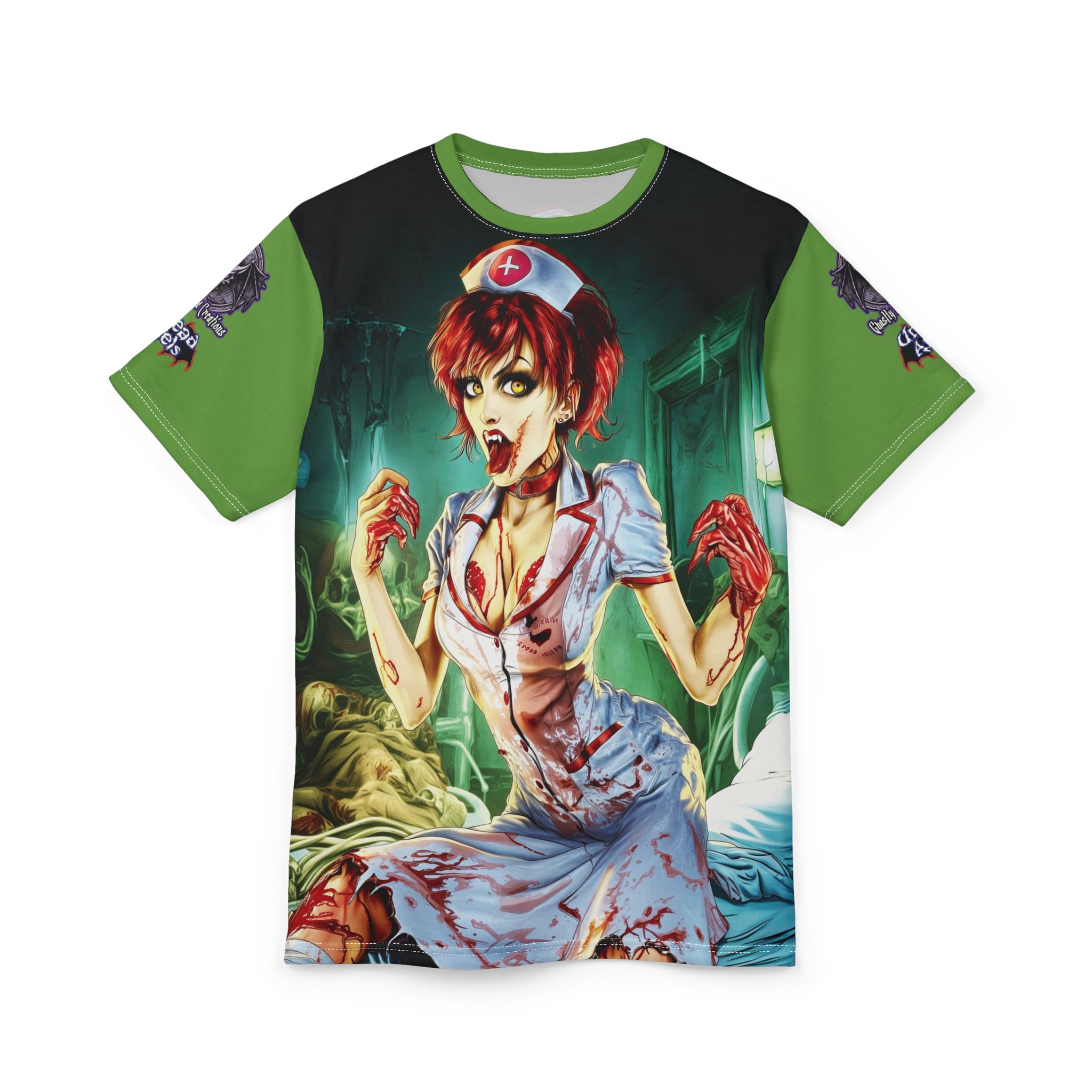 Undead Angels Zombie Nurse Abigail Reborn Style BZ-DS Unisex Cut & Sew Tee (AOP) Green - Image 22
