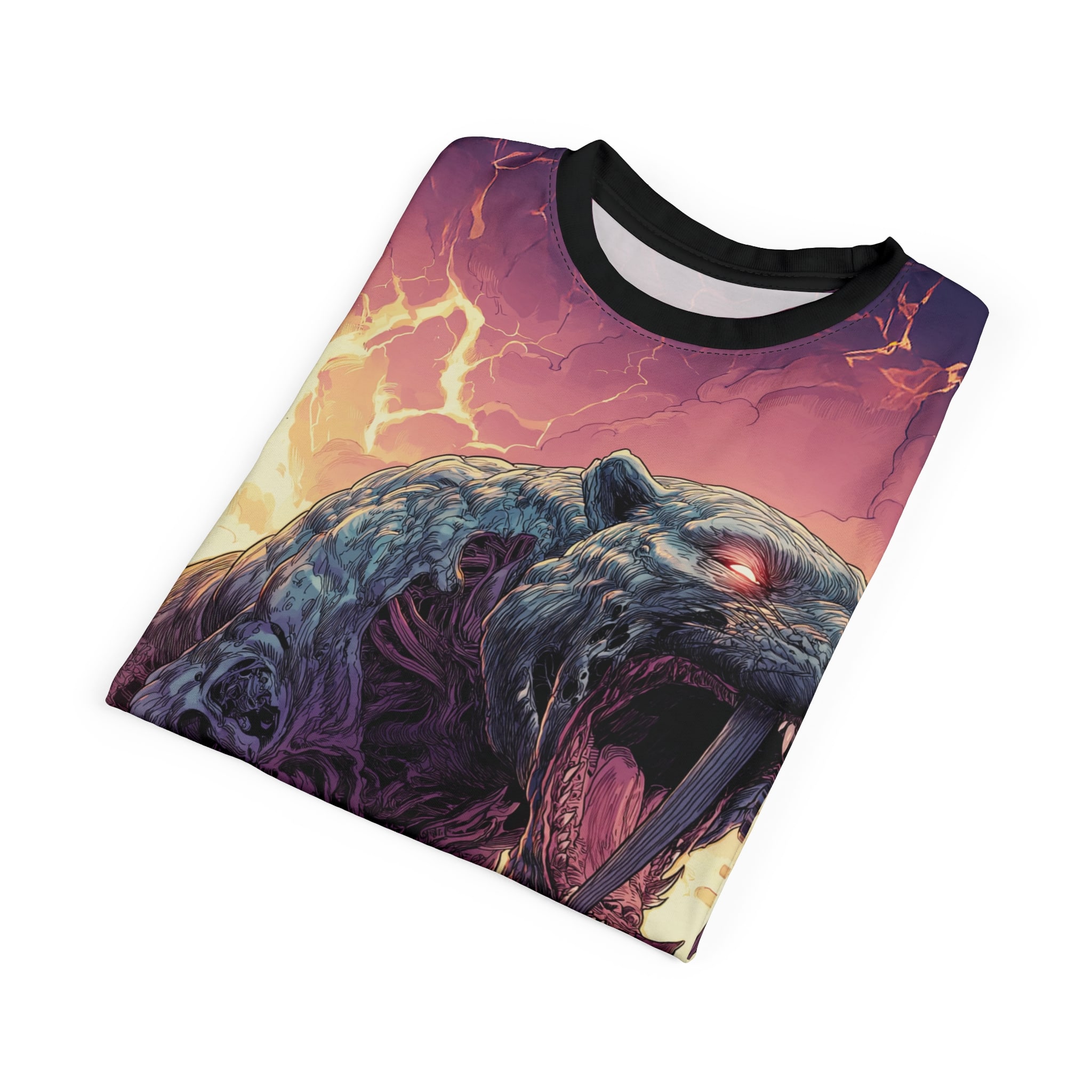Zombie Smilodon Sabretooth Cat In Volcanic Wasteland Tee Unisex (AOP) - Image 20