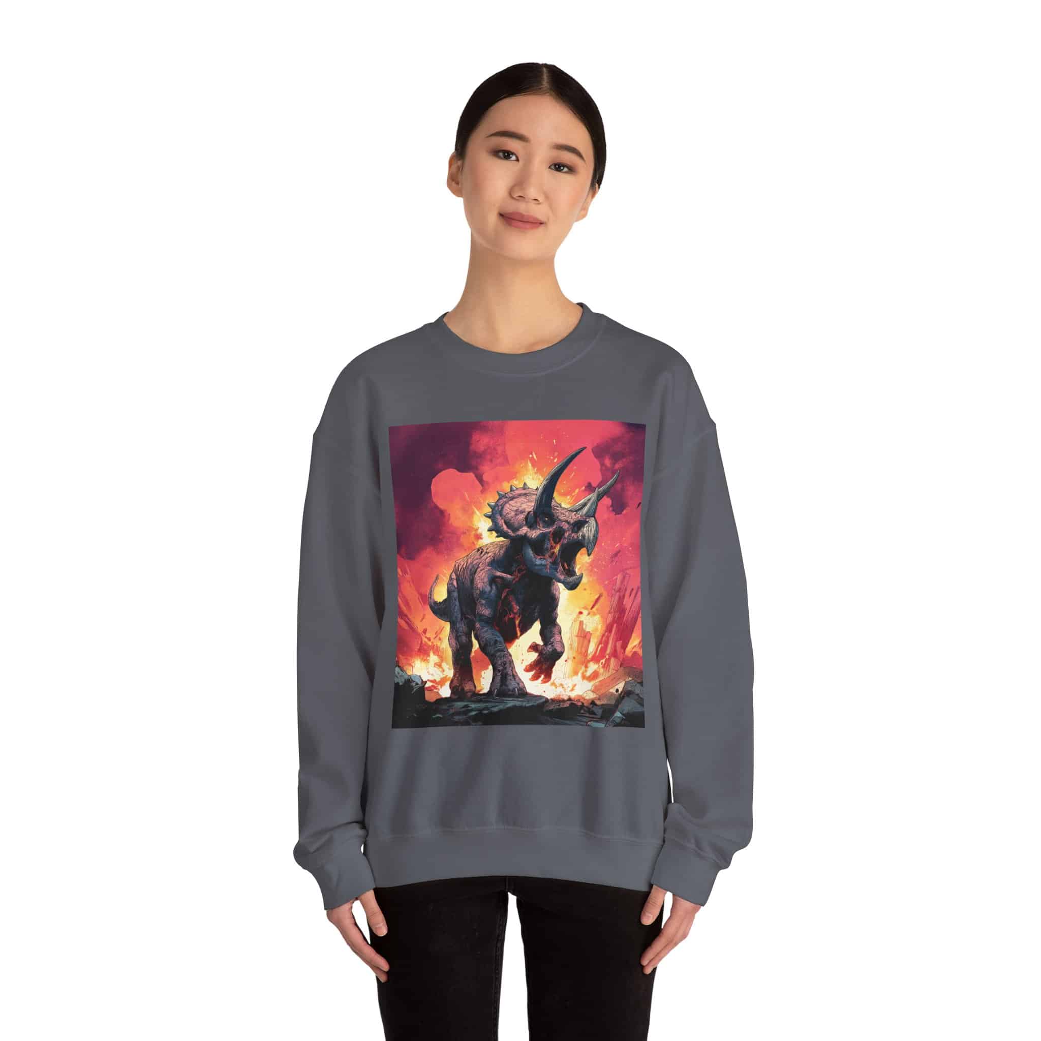 Skeletal Zombie Triceratops In Volcanic Wasteland Unisex Heavy Blend™ Crewneck Sweatshirt - Image 14