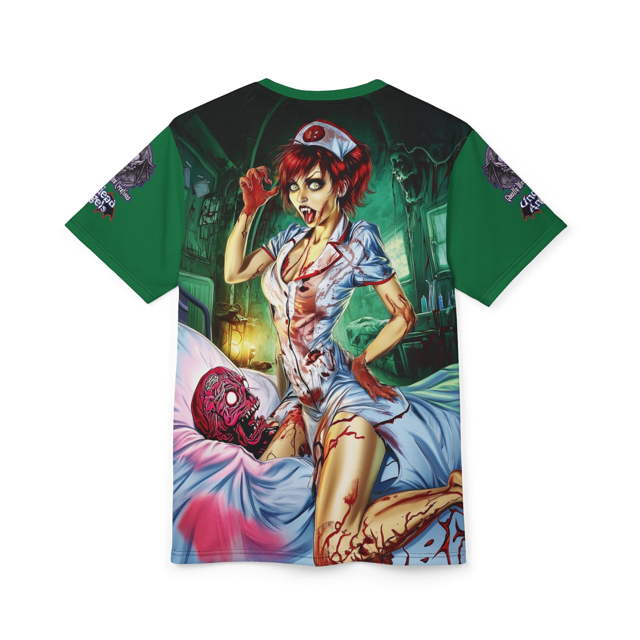 Undead Angels Zombie Nurse Abigail Reborn Style BZ-DS Unisex Cut & Sew Tee (AOP) Green - Image 8