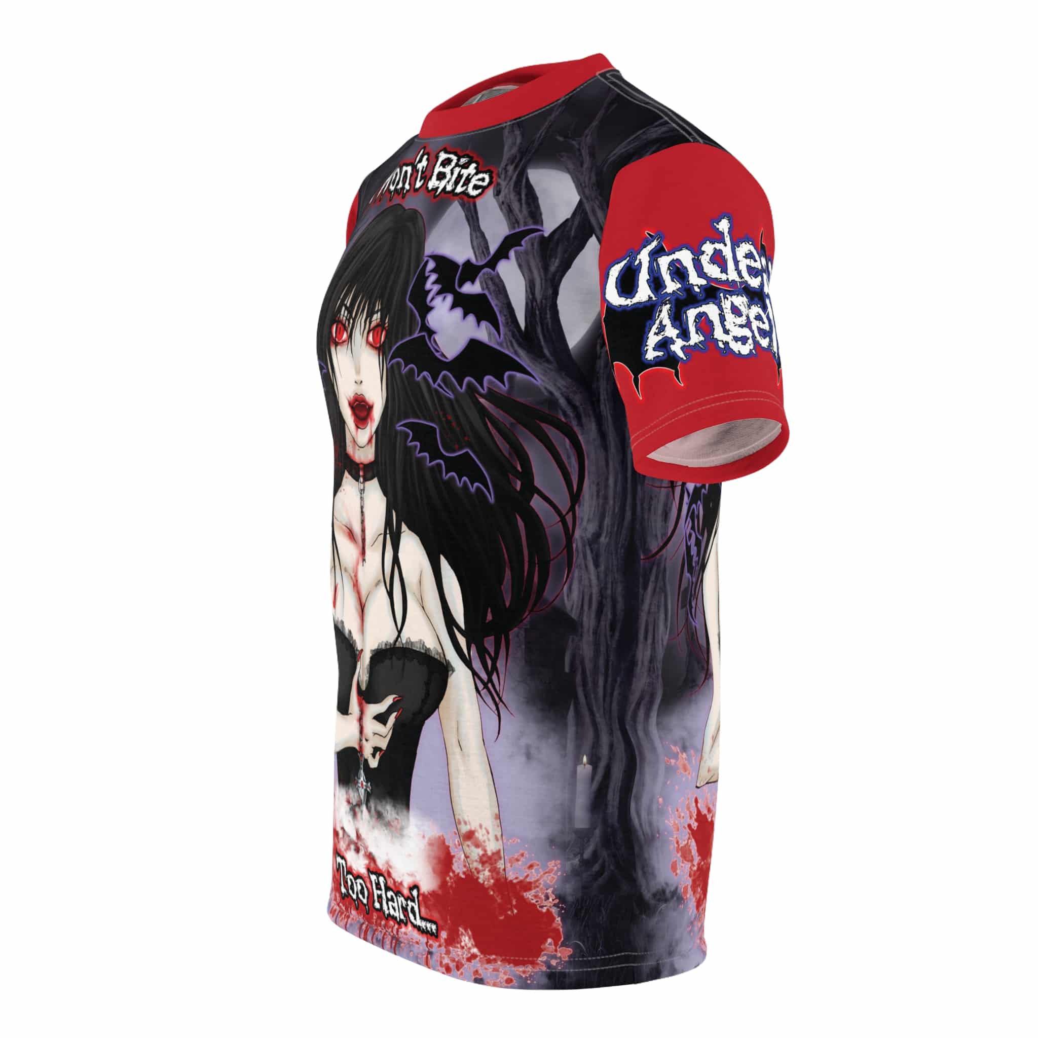 Eve Undead Angel First Vampire - Classic Art w/ Text Unisex Cut & Sew Tee (AOP) - Red Or Purple Sleeves - Image 3