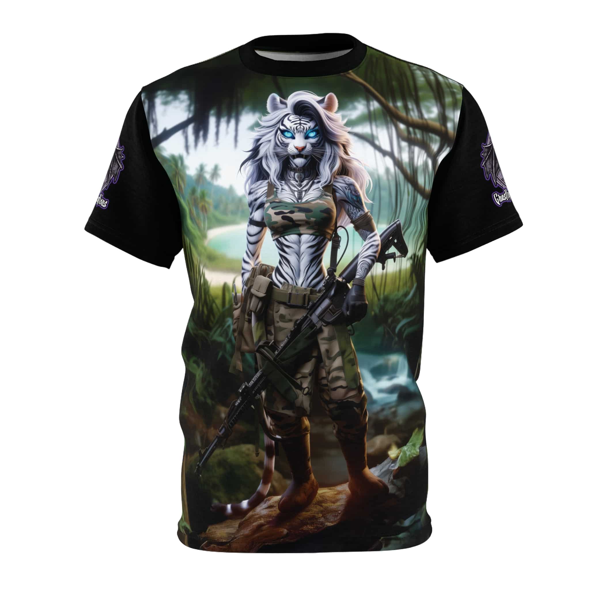 Arm The Animals: Hunter Tiger Girl #AA-D-WT001 Unisex Cut & Sew Tee (AOP)