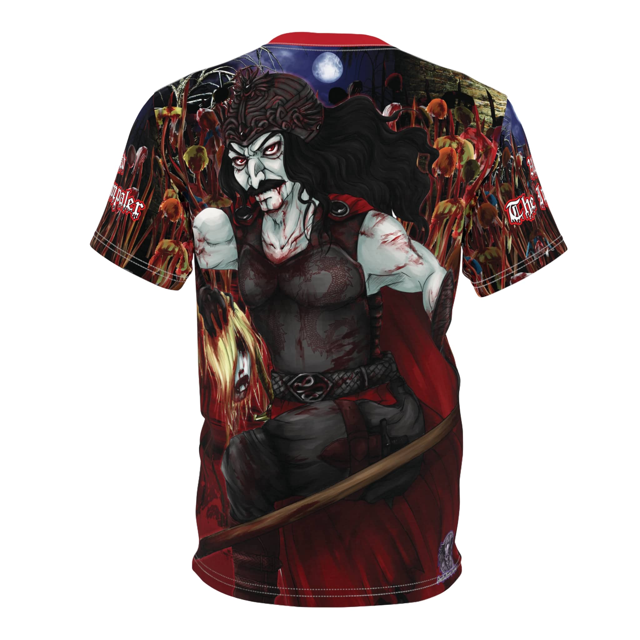 Vlad The Impaler Conquest Unisex Cut & Sew Tee (AOP) - Red Collar - Image 6