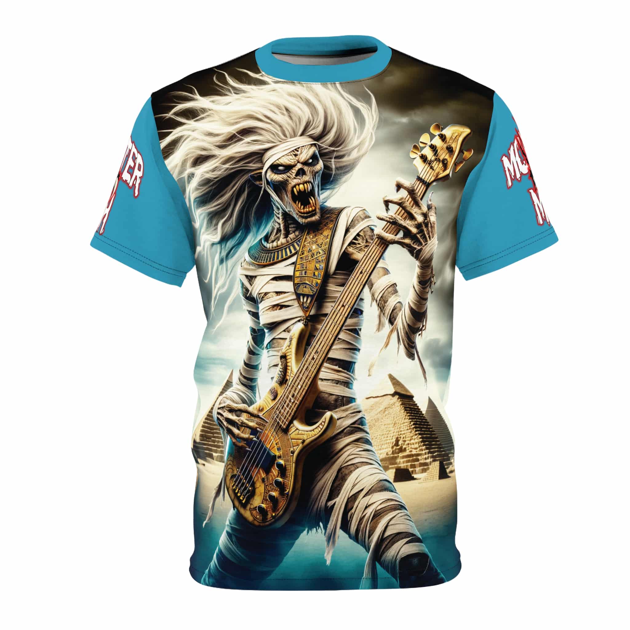 Monster Mosh 2024 Tour Mummy Bass Guitar MM-D003 Unisex Cut & Sew Tee (AOP) - Turquoise Or Yellow Sleeves - Image 5