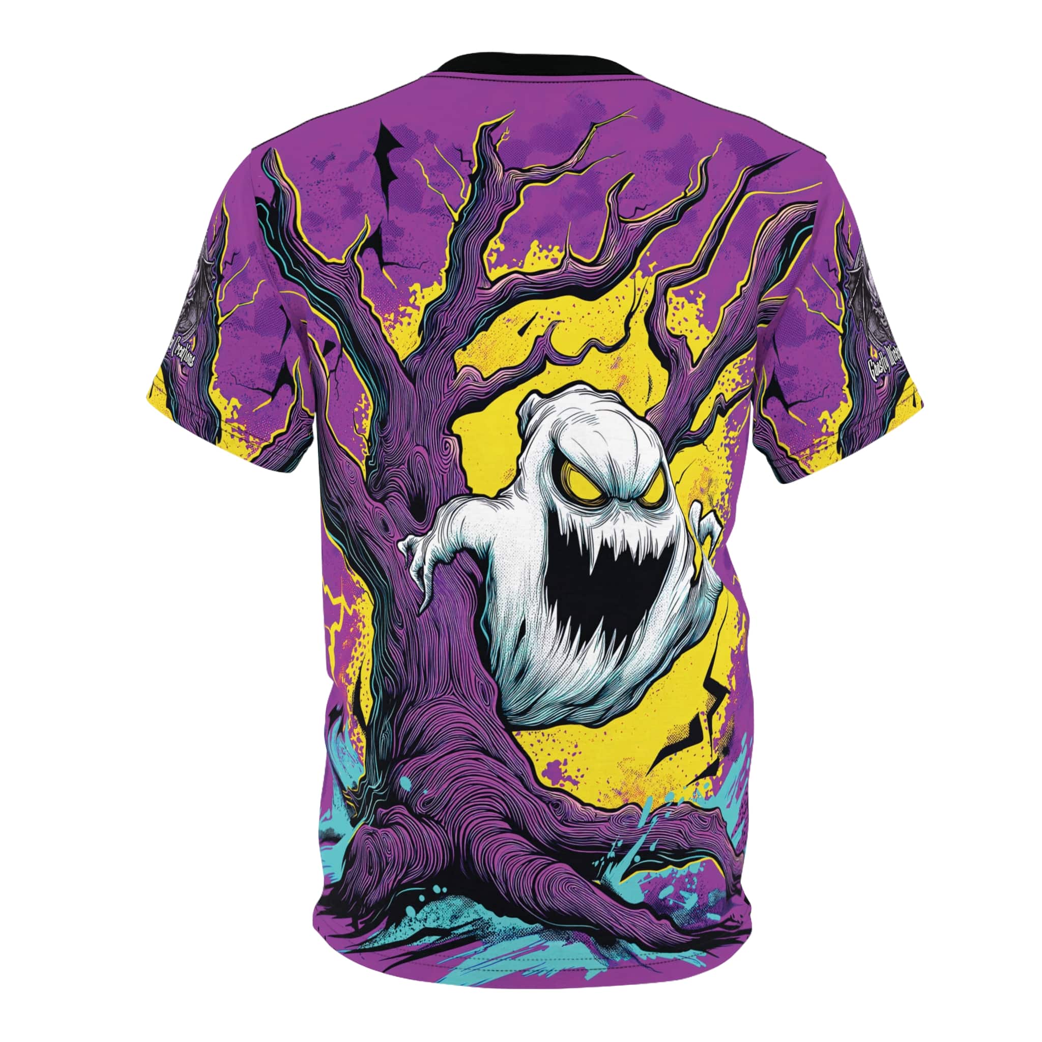 Ghost & Spooky Tree II Pop 60’s Art Style Unisex Cut & Sew Tee (AOP) Halloween - Image 2