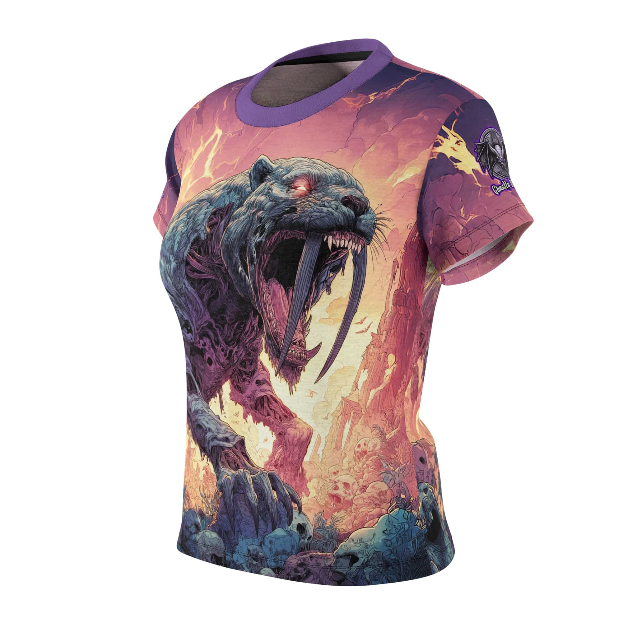 Zombie Smilodon Sabretooth Cat In Volcanic Wasteland Tee Women's (AOP) - Image 6