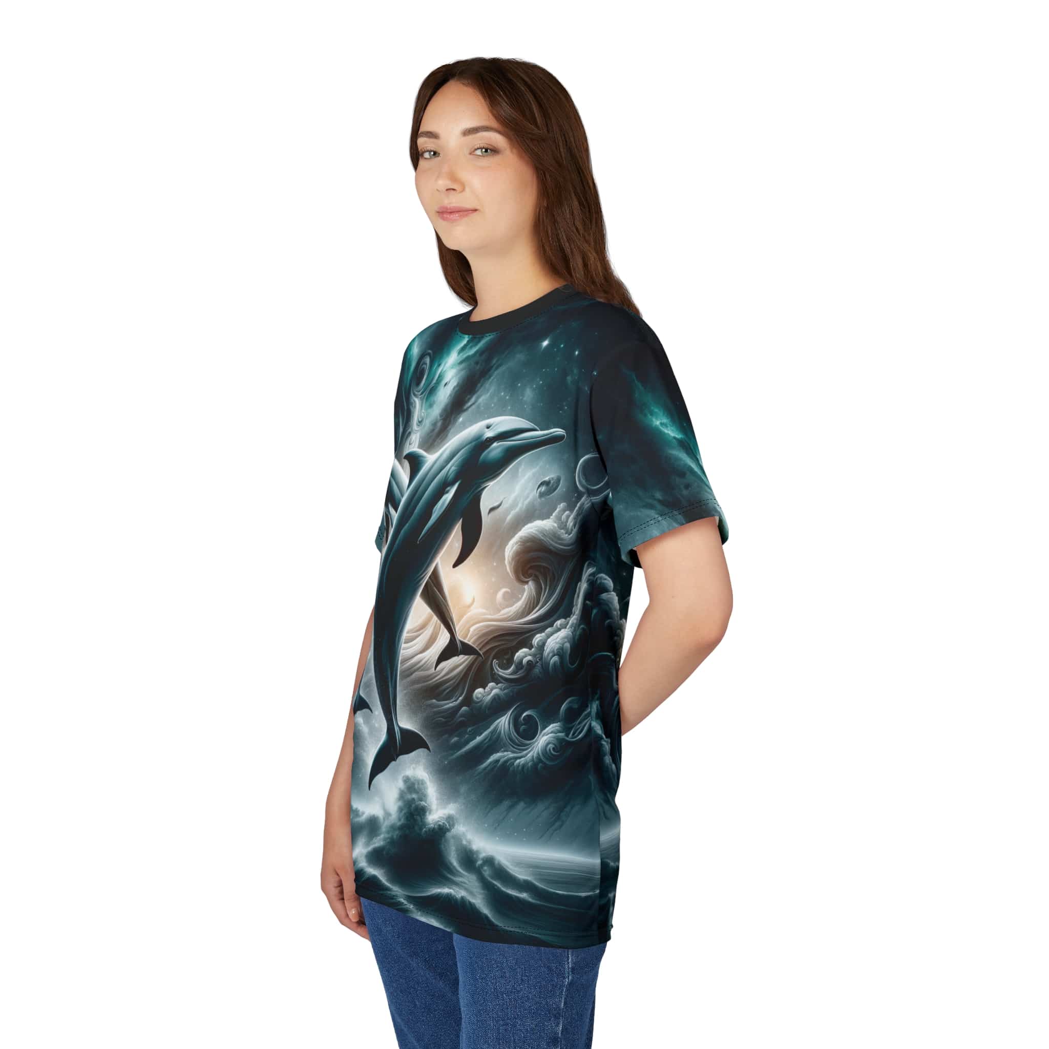 Dolphins Jumping WD-D007 By Wyldesigns Unisex Cut & Sew Tee (AOP) - Image 12