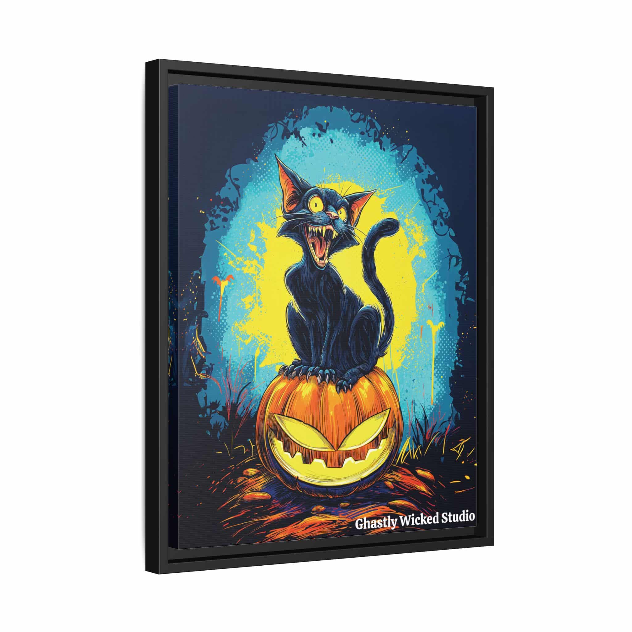 Black Cat On Jack O’ Lantern Pop 60’s Art Style Matte Canvas, Black Frame Halloween - Image 5