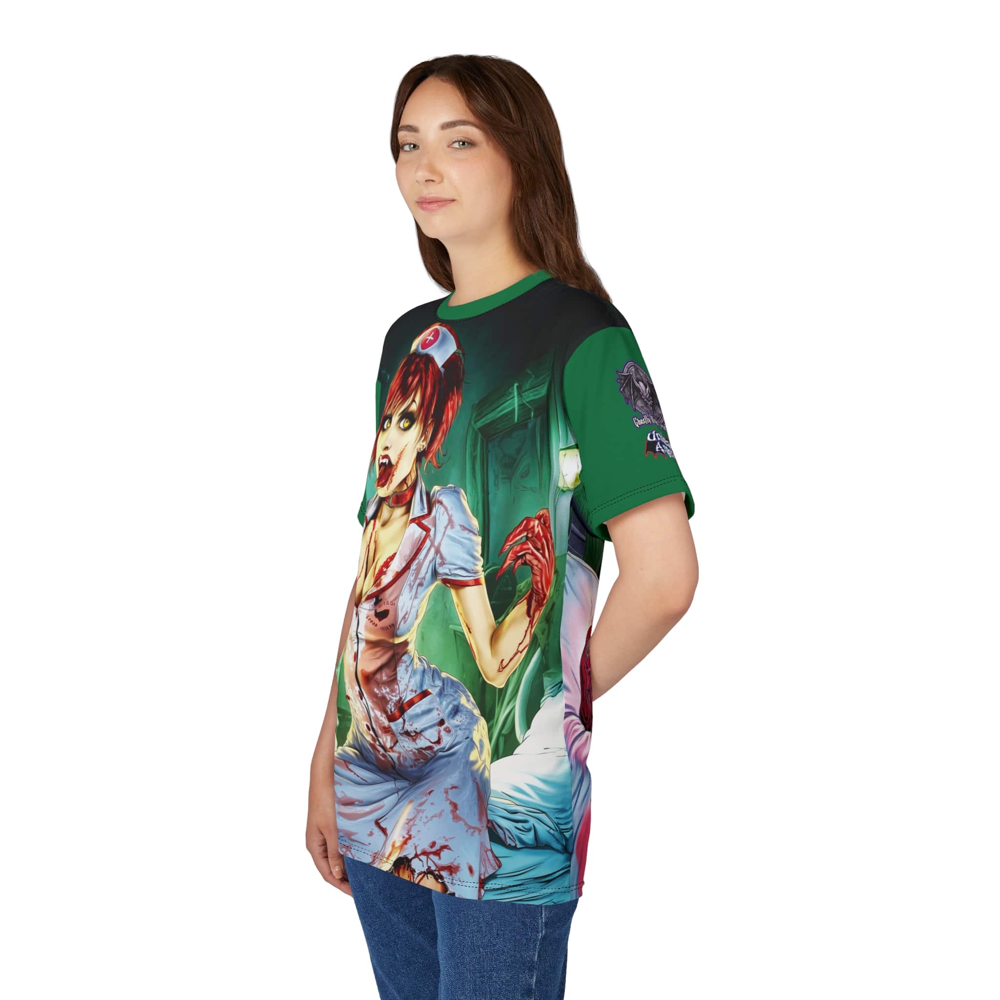 Undead Angels Zombie Nurse Abigail Reborn Style BZ-DS Unisex Cut & Sew Tee (AOP) Green - Image 18