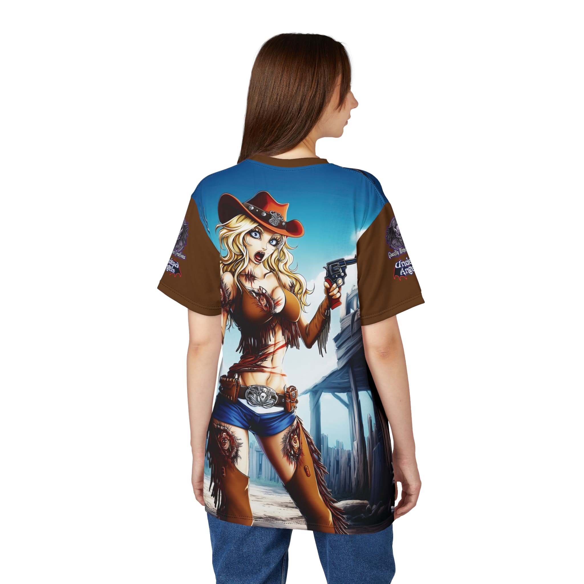 Undead Angels Zombie Cowgirl Cassidy Classic Reborn Style Unisex Cut & Sew Tee (AOP) Brown - Image 14