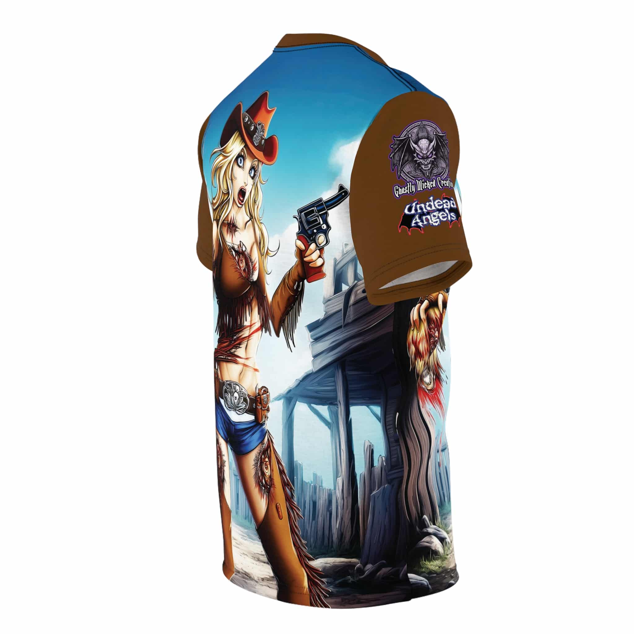 Undead Angels Zombie Cowgirl Cassidy Classic Reborn Style Unisex Cut & Sew Tee (AOP) Brown - Image 15