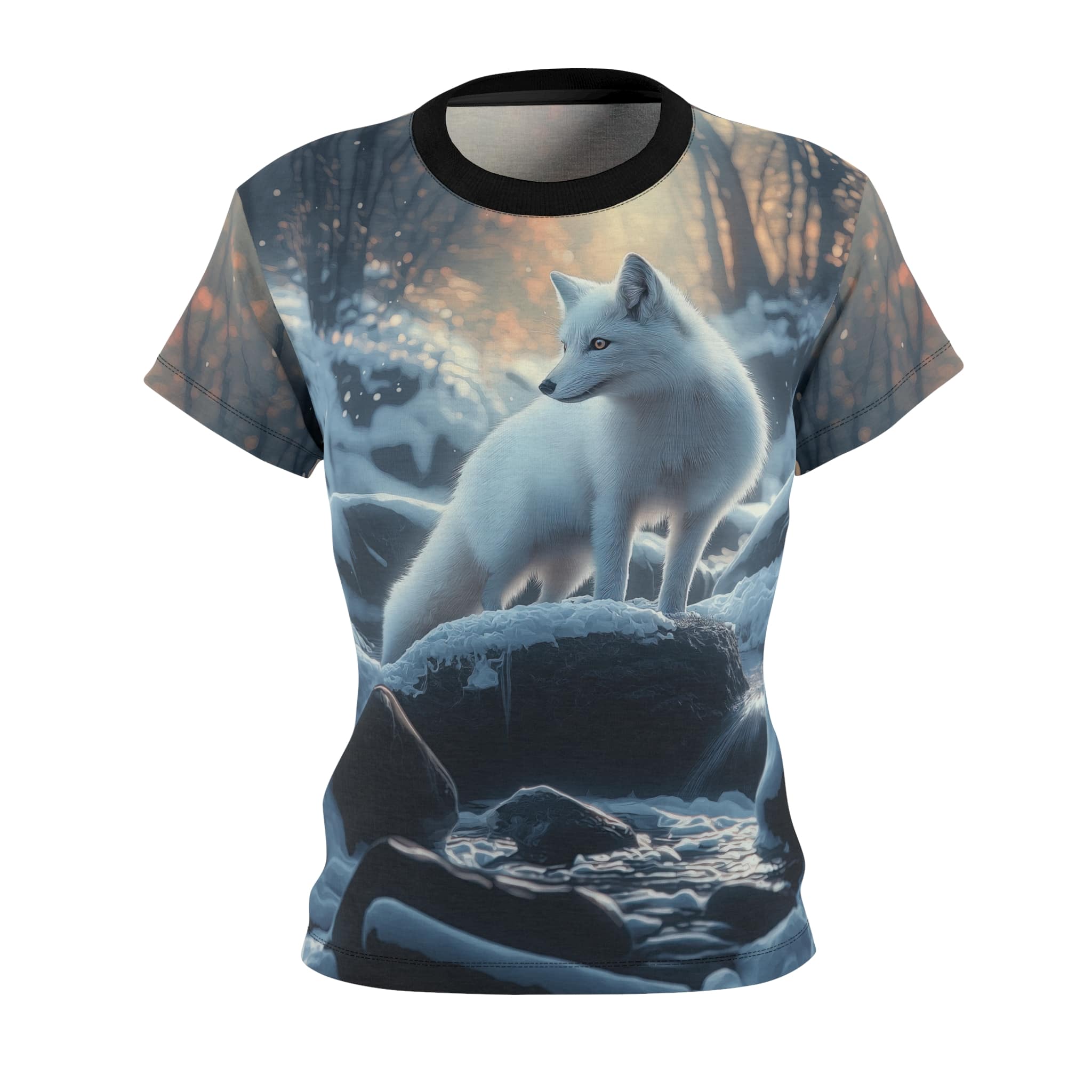 Arctic Fox In Woods Women's Tee by Wyldesigns - Wildlife Graphic T-Shirt #WD-M020 (AOP) - Image 5