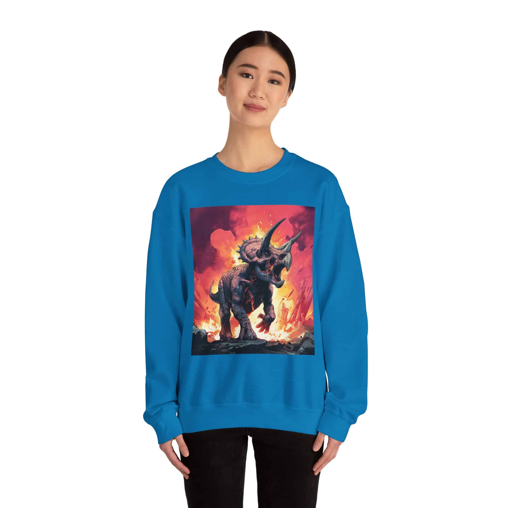 Skeletal Zombie Triceratops In Volcanic Wasteland Unisex Heavy Blend™ Crewneck Sweatshirt - Image 46