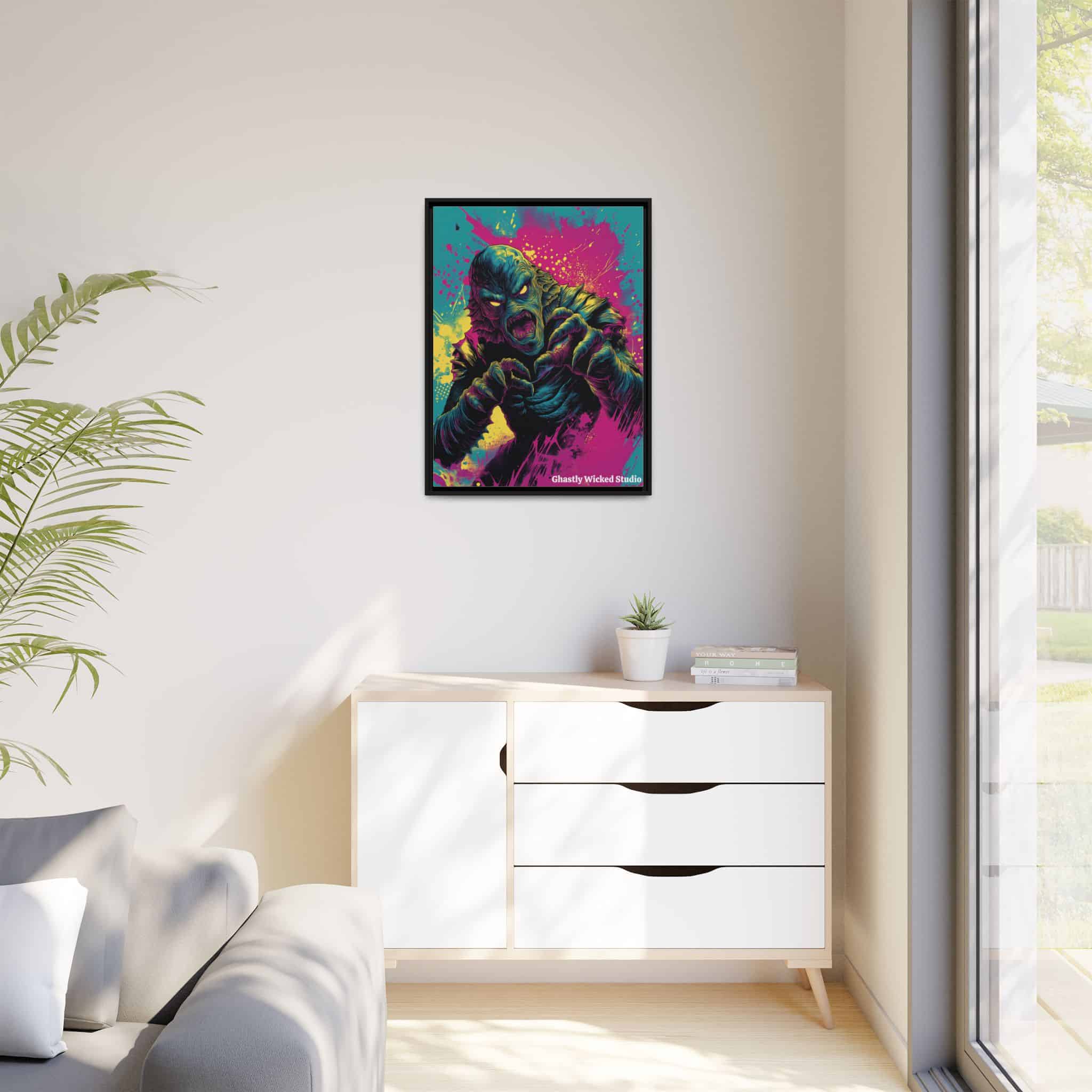 Creature From The Deep Pop 60’s Art Style Matte Canvas, Black Frame Halloween - Image 12