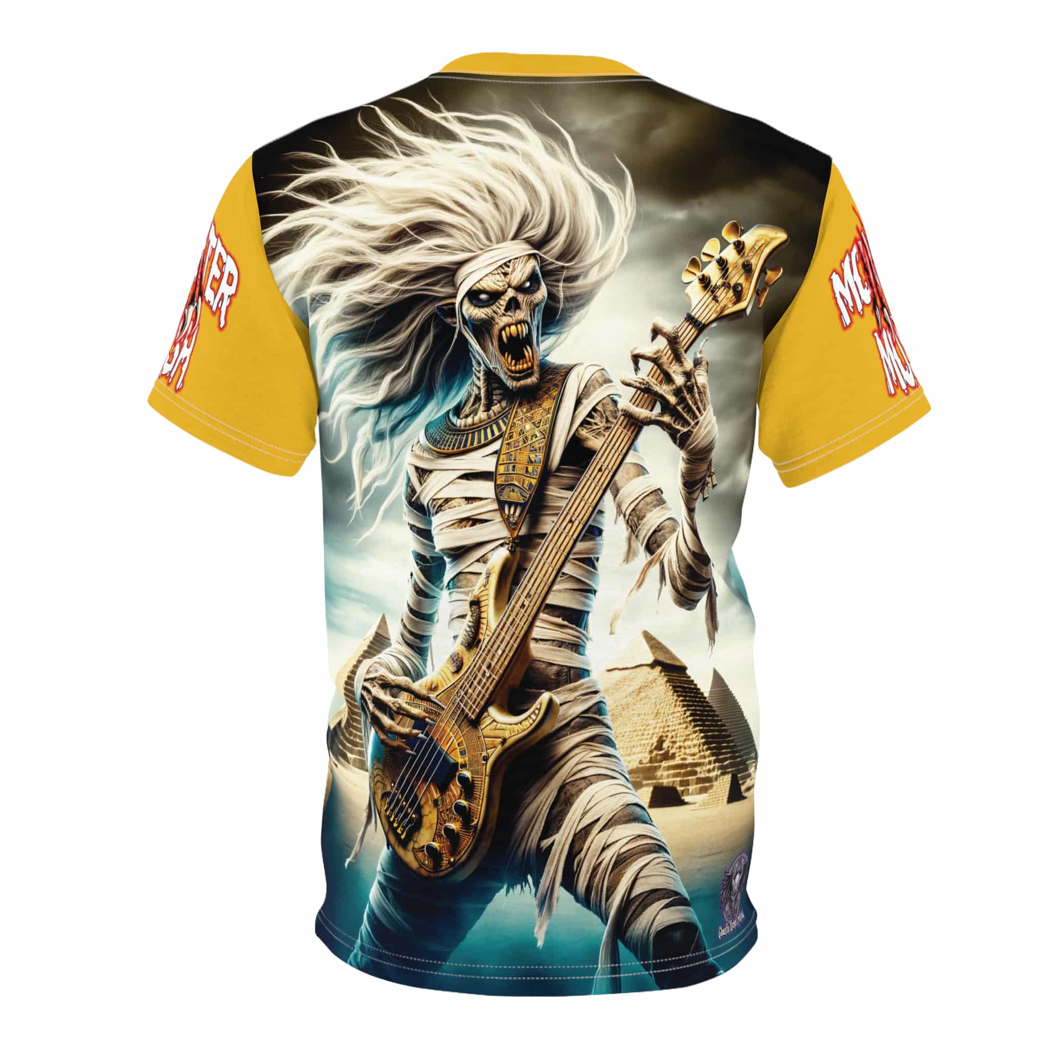 Monster Mosh 2024 Tour Mummy Bass Guitar MM-D003 Unisex Cut & Sew Tee (AOP) - Turquoise Or Yellow Sleeves - Image 2