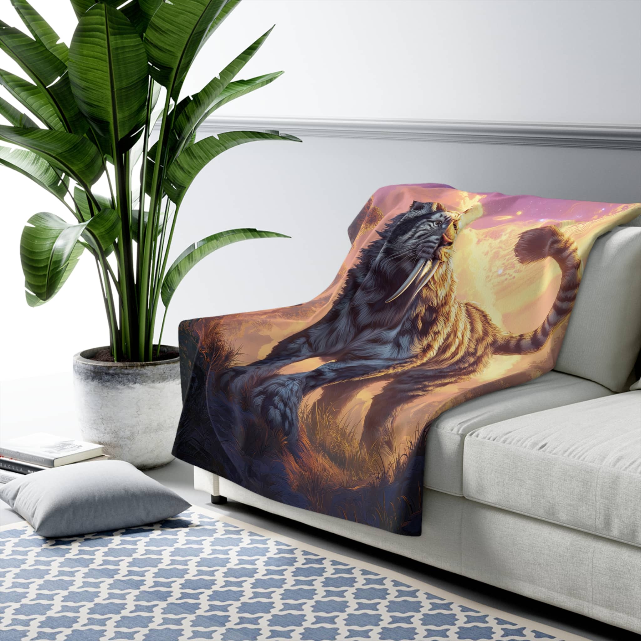 Prehistoric Smilodon aka Sabre-Tooth Tiger I Sherpa Blanket, Cozy Fleece Throw for Home Decor for Winter Nights, Unique Gift for Kids, Warm Soft Blanket - Image 3