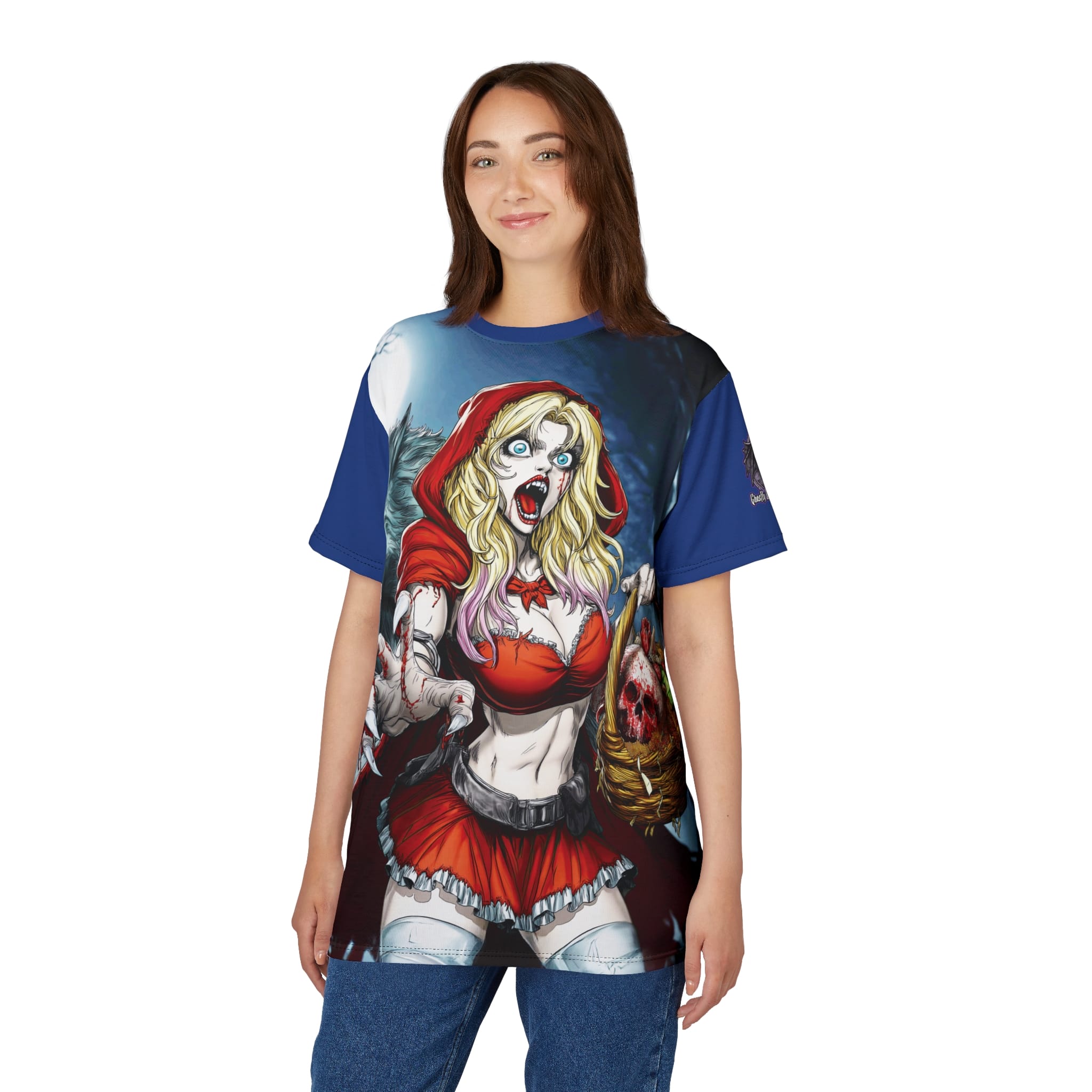 Vampire Red Riding Hood By Ghastly Wicked Tales 2025-01 Unisex Cut & Sew Tee (AOP) Blue - Image 11