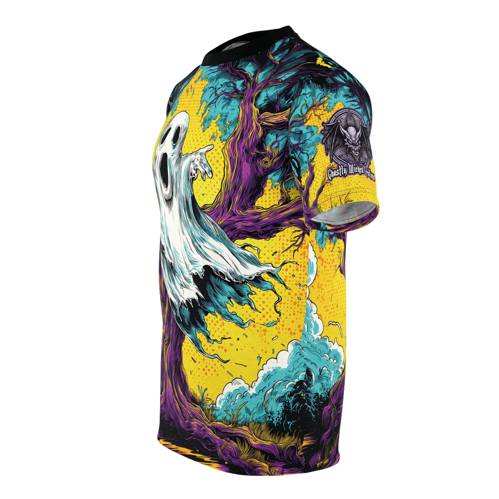 Ghost & Spooky Tree Pop 60’s Art Style Unisex Cut & Sew Tee (AOP) Halloween - Image 3