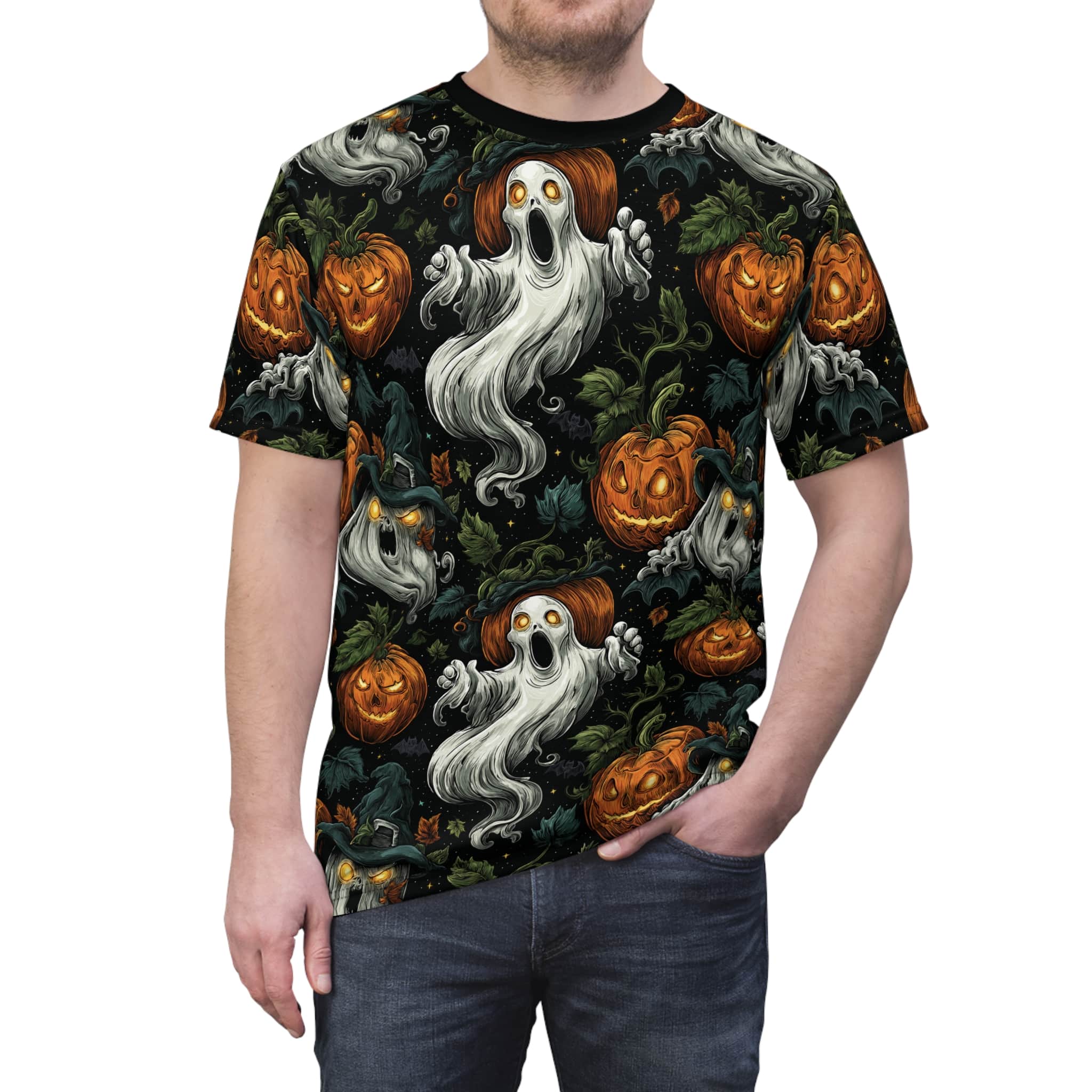 Halloween Ghosts & Pumpkins Pattern 1 Unisex Cut & Sew Tee (AOP) - Image 10