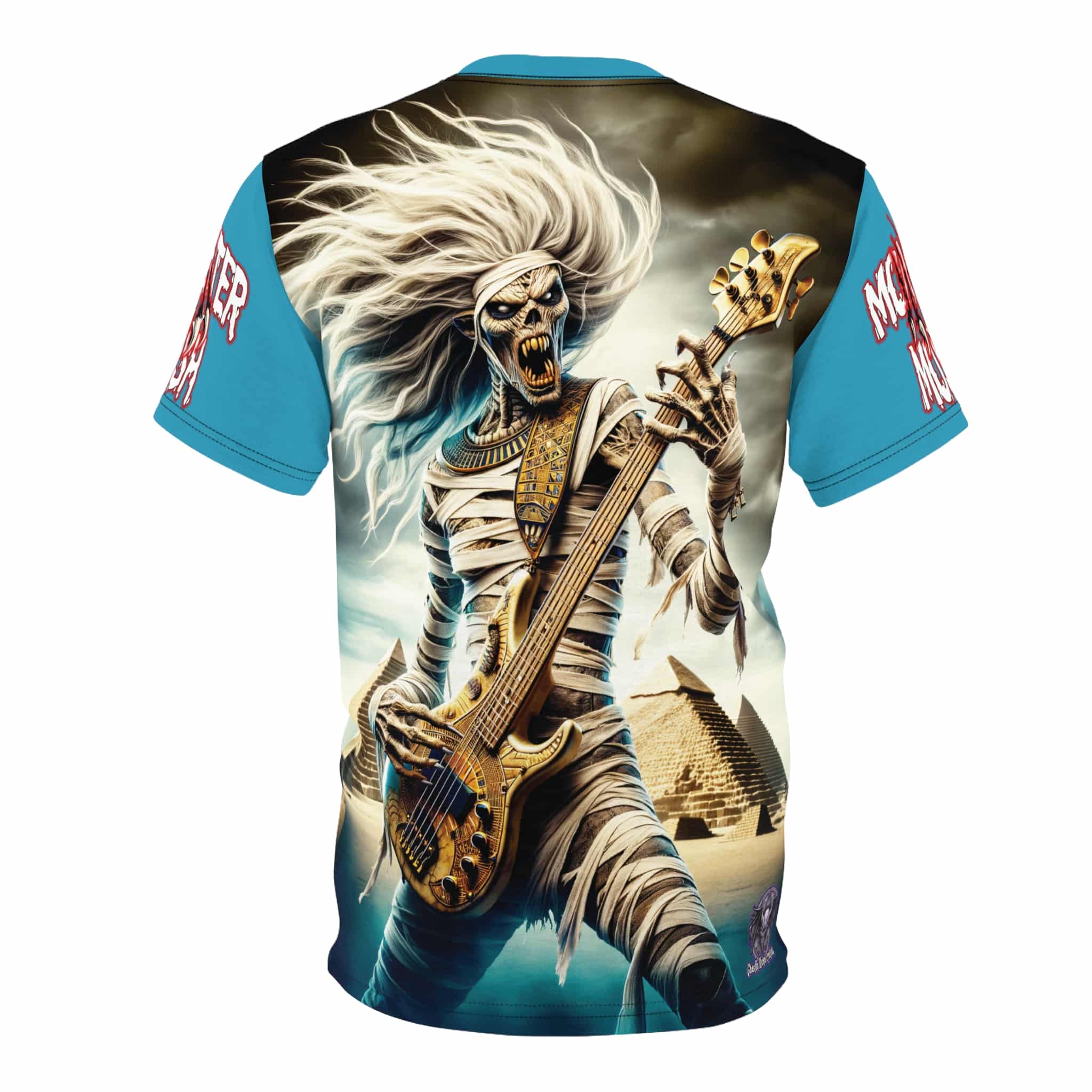 Monster Mosh 2024 Tour Mummy Bass Guitar MM-D003 Unisex Cut & Sew Tee (AOP) - Turquoise Or Yellow Sleeves - Image 6