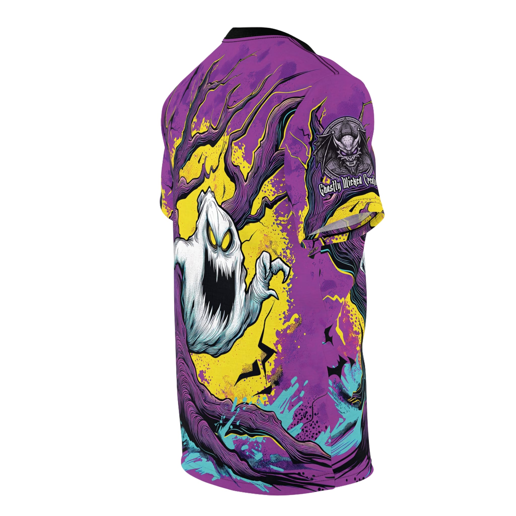Ghost & Spooky Tree II Pop 60’s Art Style Unisex Cut & Sew Tee (AOP) Halloween - Image 4