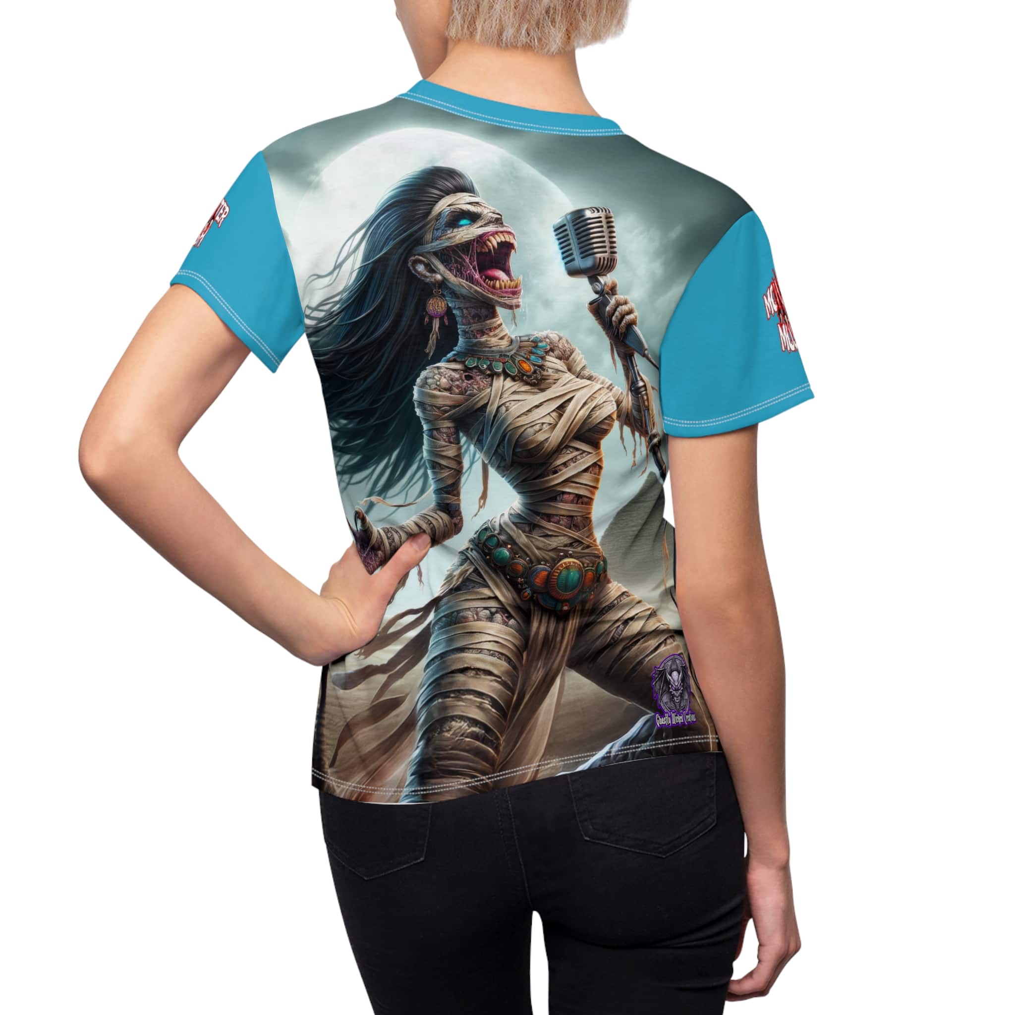 Monster Mosh 2024 Tour Mummy Goddess Singer #MM-D-MG01 Women's Cut & Sew Tee (AOP) - Black or Pink Sleeves - Image 11